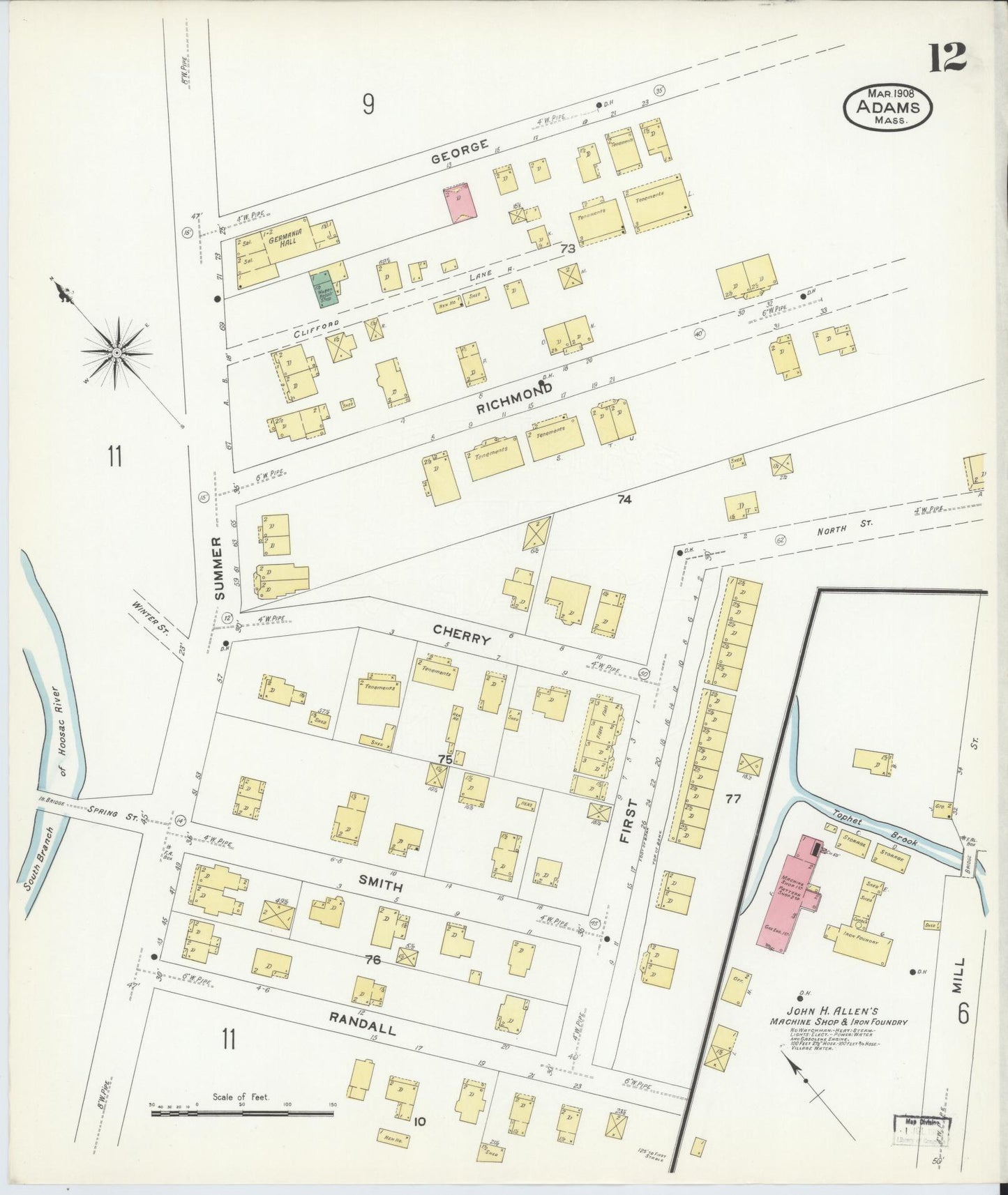 Sanborn Fire Insurance Map from Adams, Berkshire County, Massachusetts (1908), Sheet #0012 - Historic Sanborn Fire Insurance Map Print, vintage old map wall art, antique decor, genealogy gift, Massachusetts Massachusetts map