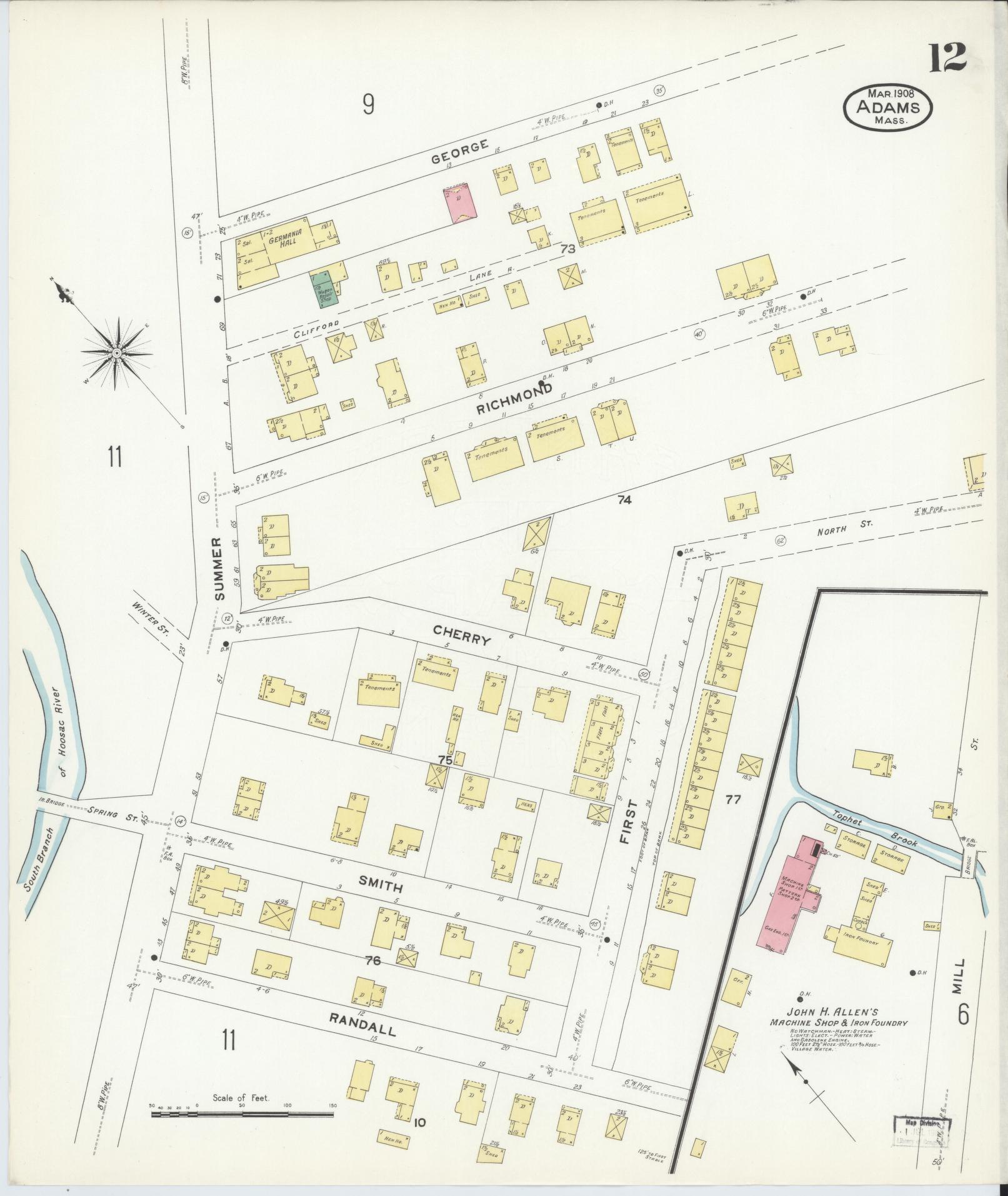 Sanborn Fire Insurance Map from Adams, Berkshire County, Massachusetts (1908), Sheet #0012 - Historic Sanborn Fire Insurance Map Print, vintage old map wall art, antique decor, genealogy gift, Massachusetts Massachusetts map