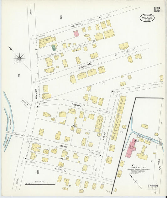 Sanborn Fire Insurance Map from Adams, Berkshire County, Massachusetts (1908), Sheet #0012 - Historic Sanborn Fire Insurance Map Print, vintage old map wall art, antique decor, genealogy gift, Massachusetts Massachusetts map