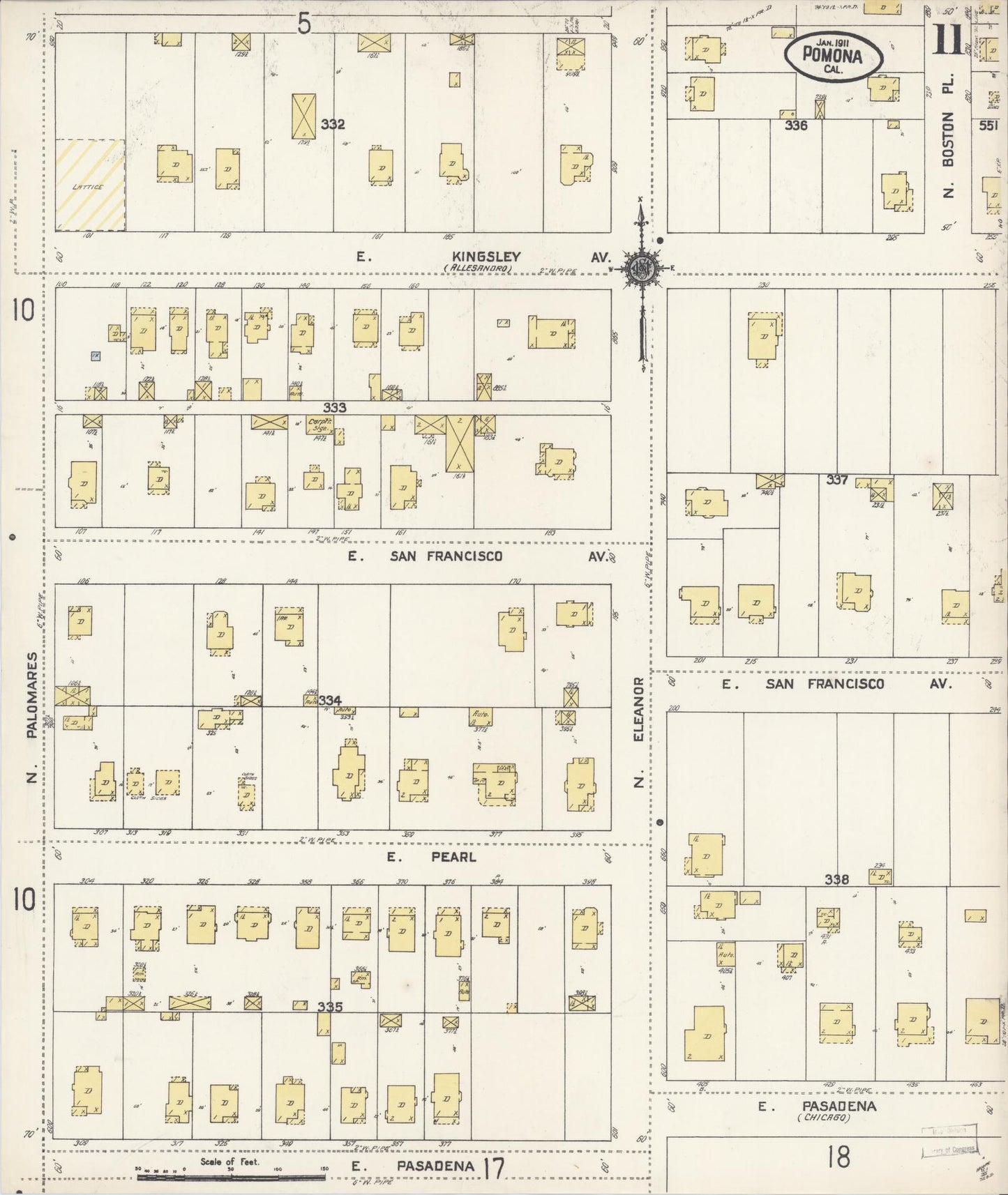 Sanborn Fire Insurance Map from Pomona, Los Angeles County, California (1911), Sheet #0011 - Complete Map Set gallery image, historic Sanborn map, vintage wall art, California California