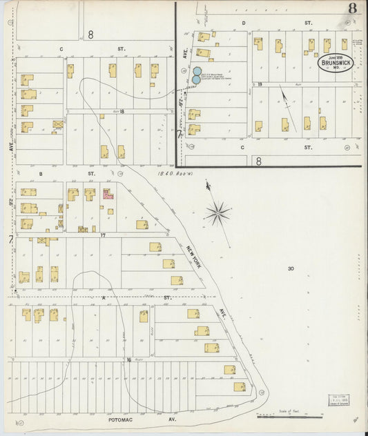 Sanborn Fire Insurance Map from Brunswick, Frederick County, Maryland (1899), Sheet #0008 - Historic Sanborn Fire Insurance Map Print, vintage old map wall art, antique decor, genealogy gift, Maryland Maryland map