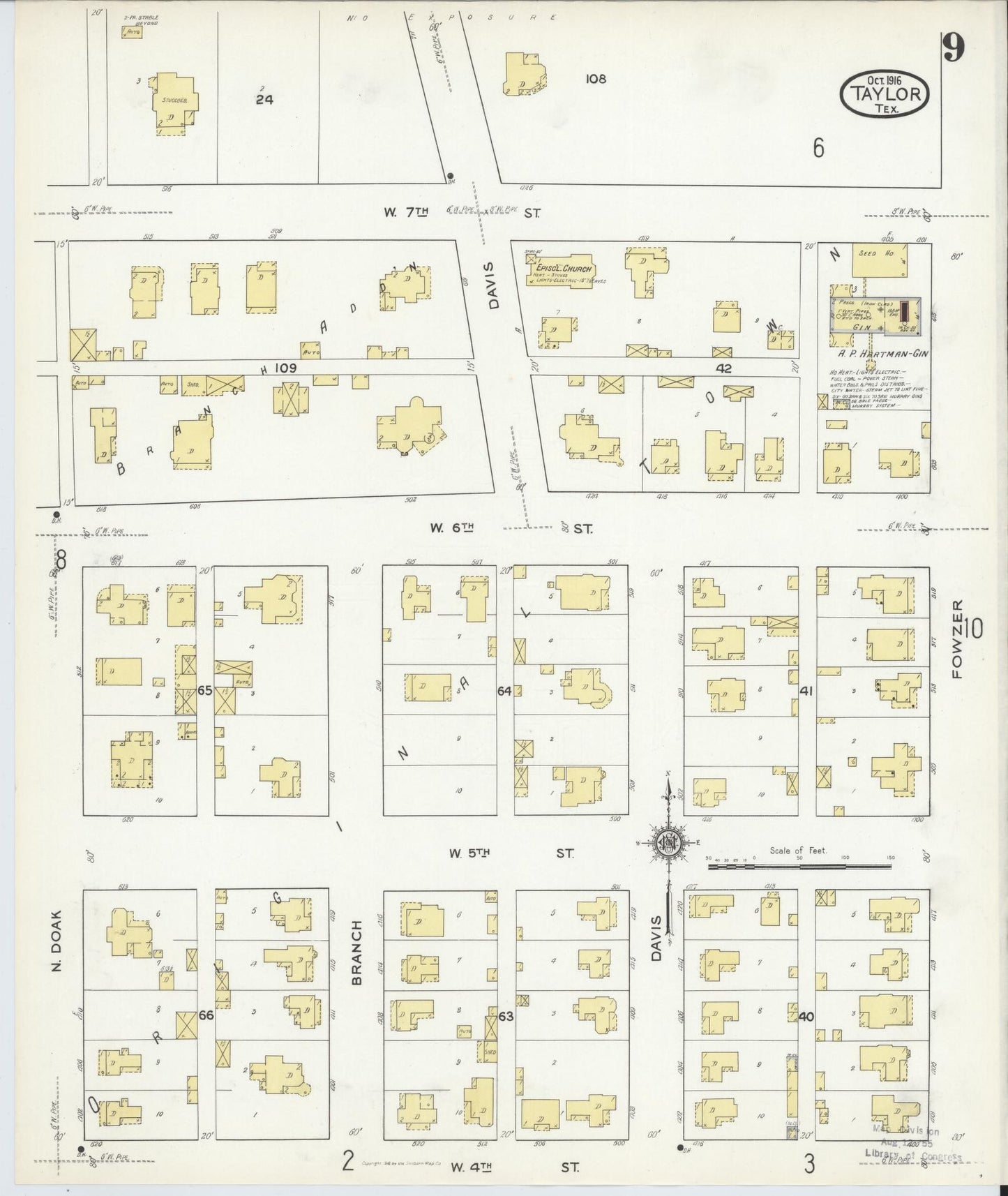 Sanborn Fire Insurance Map from Taylor, Williamson County, Texas (1916), Sheet #0009 - Complete Map Set gallery image, historic Sanborn map, vintage wall art, Texas Texas