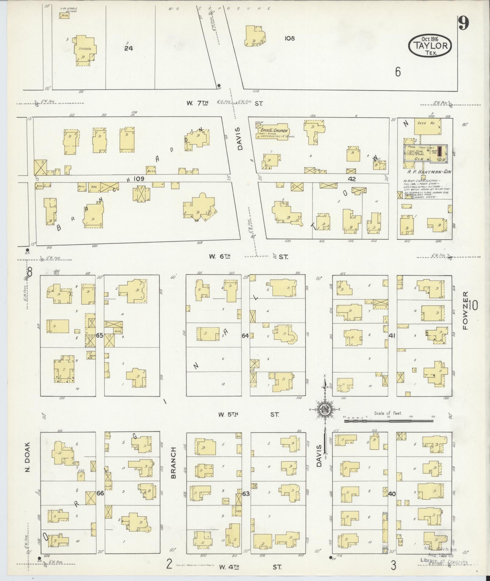 Sanborn Fire Insurance Map from Taylor, Williamson County, Texas (1916), Sheet #0009 - Complete Map Set gallery image, historic Sanborn map, vintage wall art, Texas Texas