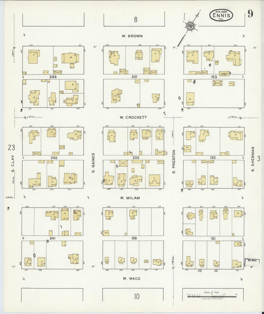 Sanborn Fire Insurance Map from Ennis, Ellis County, Texas (1920), Sheet #0009 - Historic Sanborn Fire Insurance Map Print, vintage old map wall art, antique decor, genealogy gift, Texas Texas map