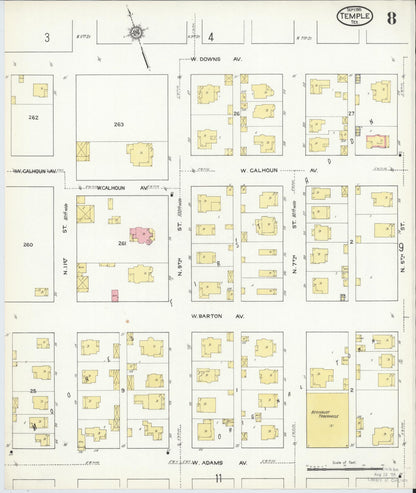 Sanborn Fire Insurance Map from Temple, Bell County, Texas (1915), Sheet #0008 - Historic Sanborn Fire Insurance Map Print, vintage old map wall art, antique decor, genealogy gift, Texas Texas map