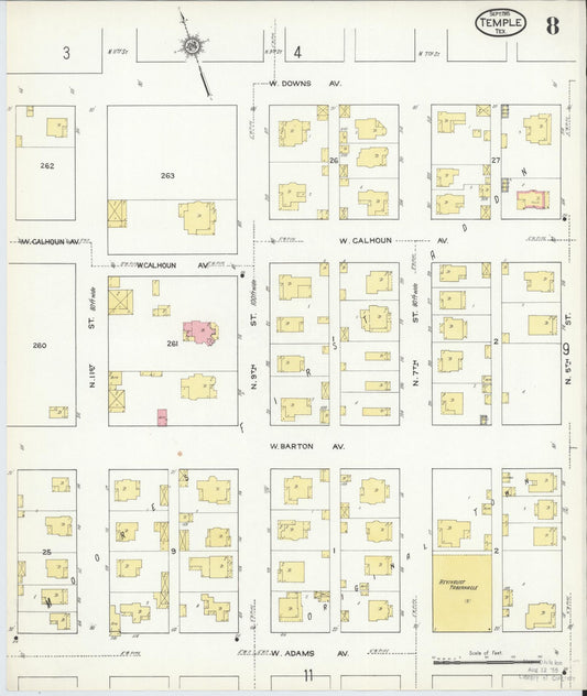 Sanborn Fire Insurance Map from Temple, Bell County, Texas (1915), Sheet #0008 - Historic Sanborn Fire Insurance Map Print, vintage old map wall art, antique decor, genealogy gift, Texas Texas map