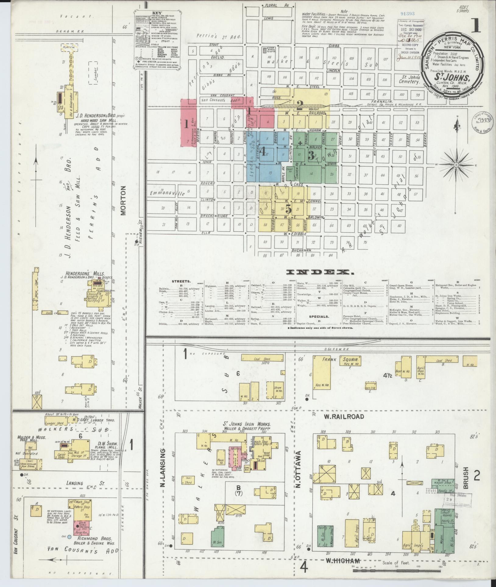 Sanborn Fire Insurance Map from Saint Johns, Clinton County, Michigan (1900), Sheet #0001 - Complete Map Set gallery image, historic Sanborn map, vintage wall art, Michigan Michigan