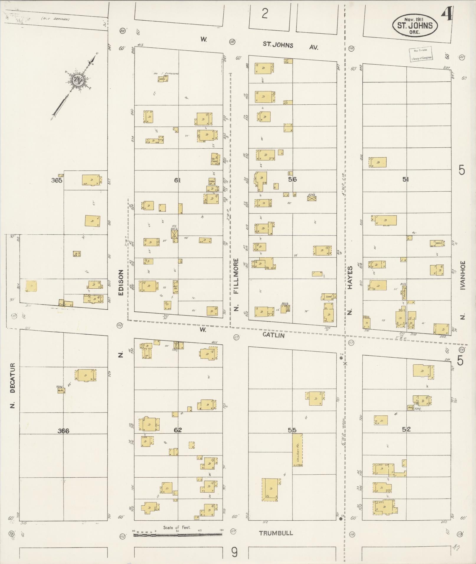 Sanborn Fire Insurance Map from Saint Johns, Multnomah County, Oregon (1911), Sheet #0004 - Complete Map Set gallery image, historic Sanborn map, vintage wall art, Oregon Oregon
