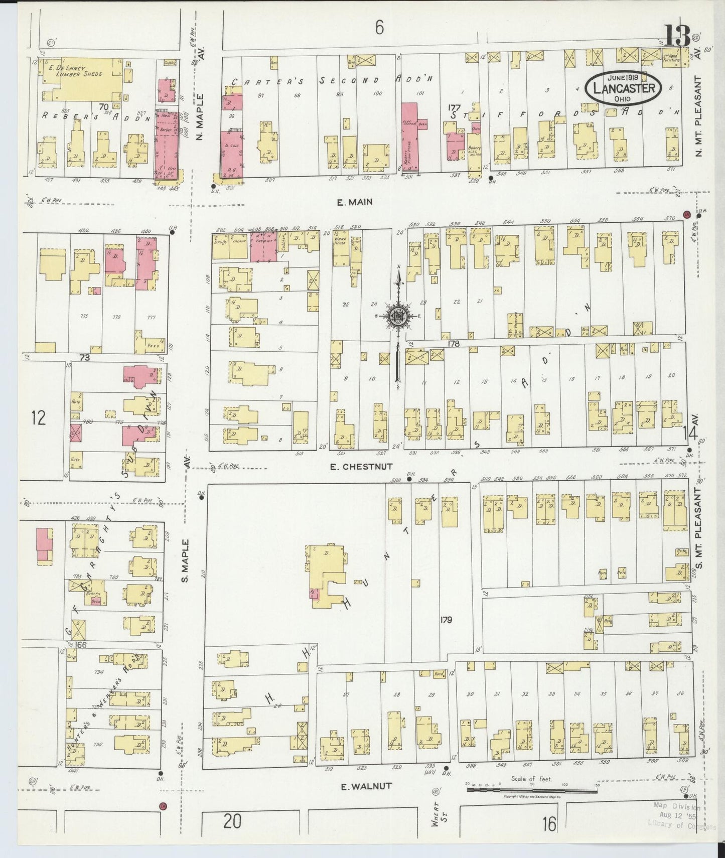 Sanborn Fire Insurance Map from Lancaster, Fairfield County, Ohio (1919), Sheet #0013 - Historic Sanborn Fire Insurance Map Print, vintage old map wall art, antique decor, genealogy gift, Ohio Ohio map