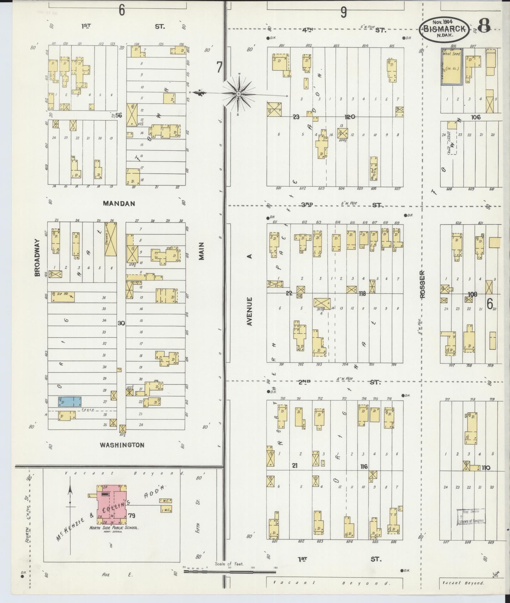 Sanborn Fire Insurance Map from Bismarck, Burleigh County, North Dakota (1904), Sheet #0008 - Complete Map Set gallery image, historic Sanborn map, vintage wall art, North Dakota North Dakota