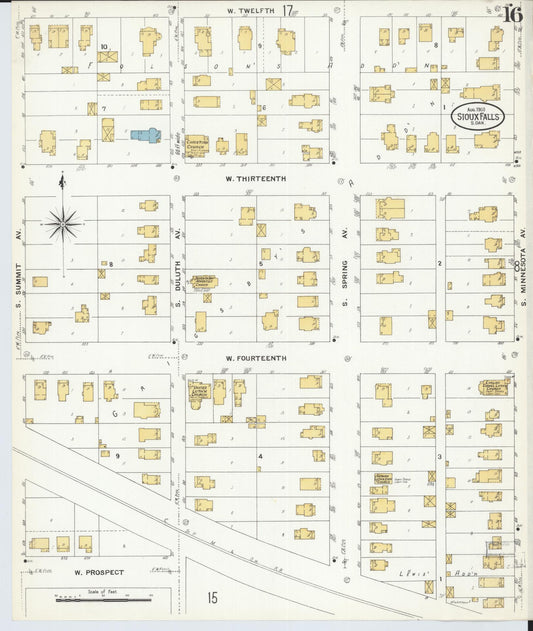 Sanborn Fire Insurance Map from Sioux Falls, Minnehaha County, South Dakota (1908), Sheet #0016 - Historic Sanborn Fire Insurance Map Print, vintage old map wall art, antique decor, genealogy gift, South Dakota South Dakota map