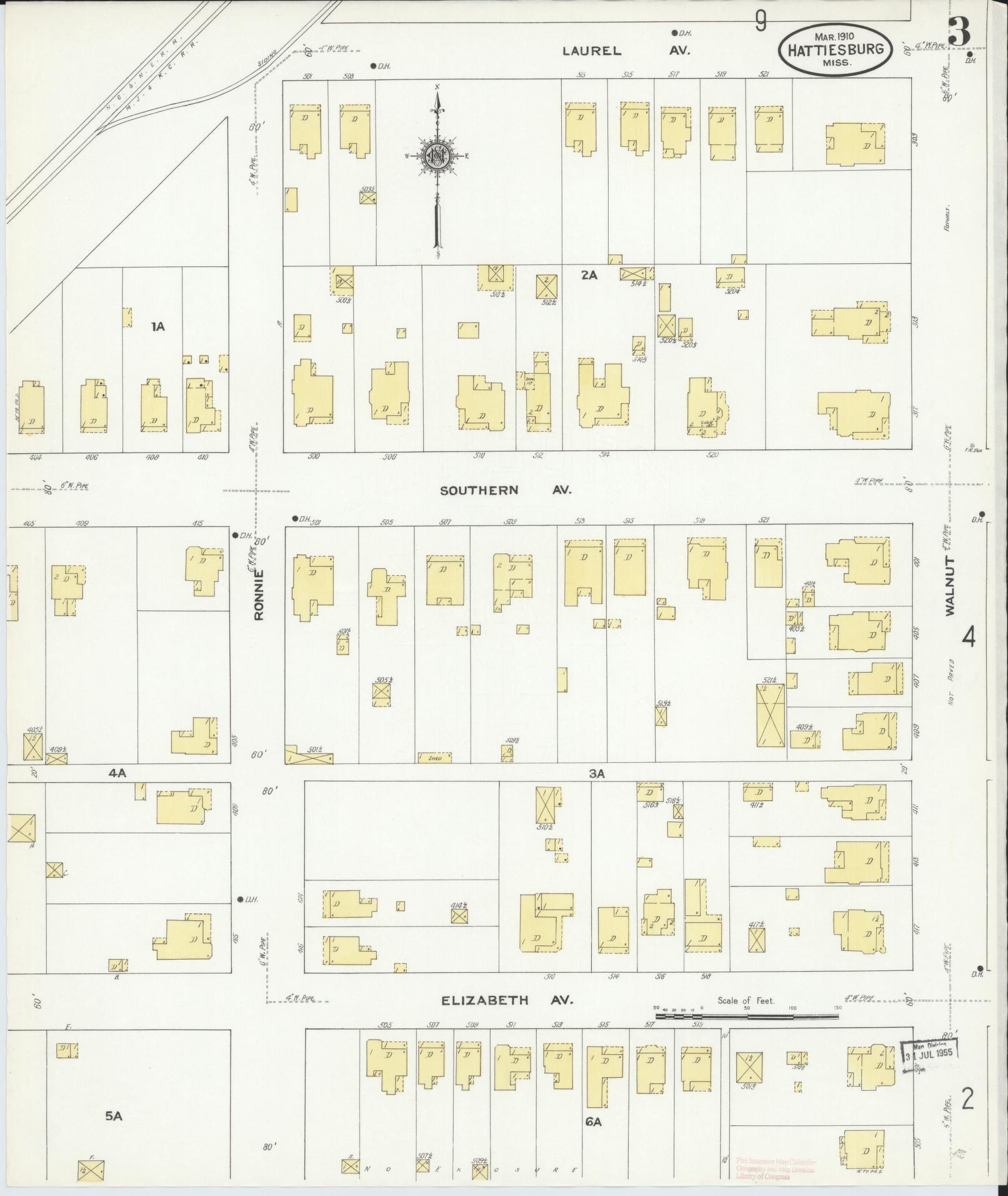 Sanborn Fire Insurance Map from Hattiesburg, Forrest County, Mississippi (1910), Sheet #0003 - Complete Map Set gallery image, historic Sanborn map, vintage wall art, Mississippi Mississippi