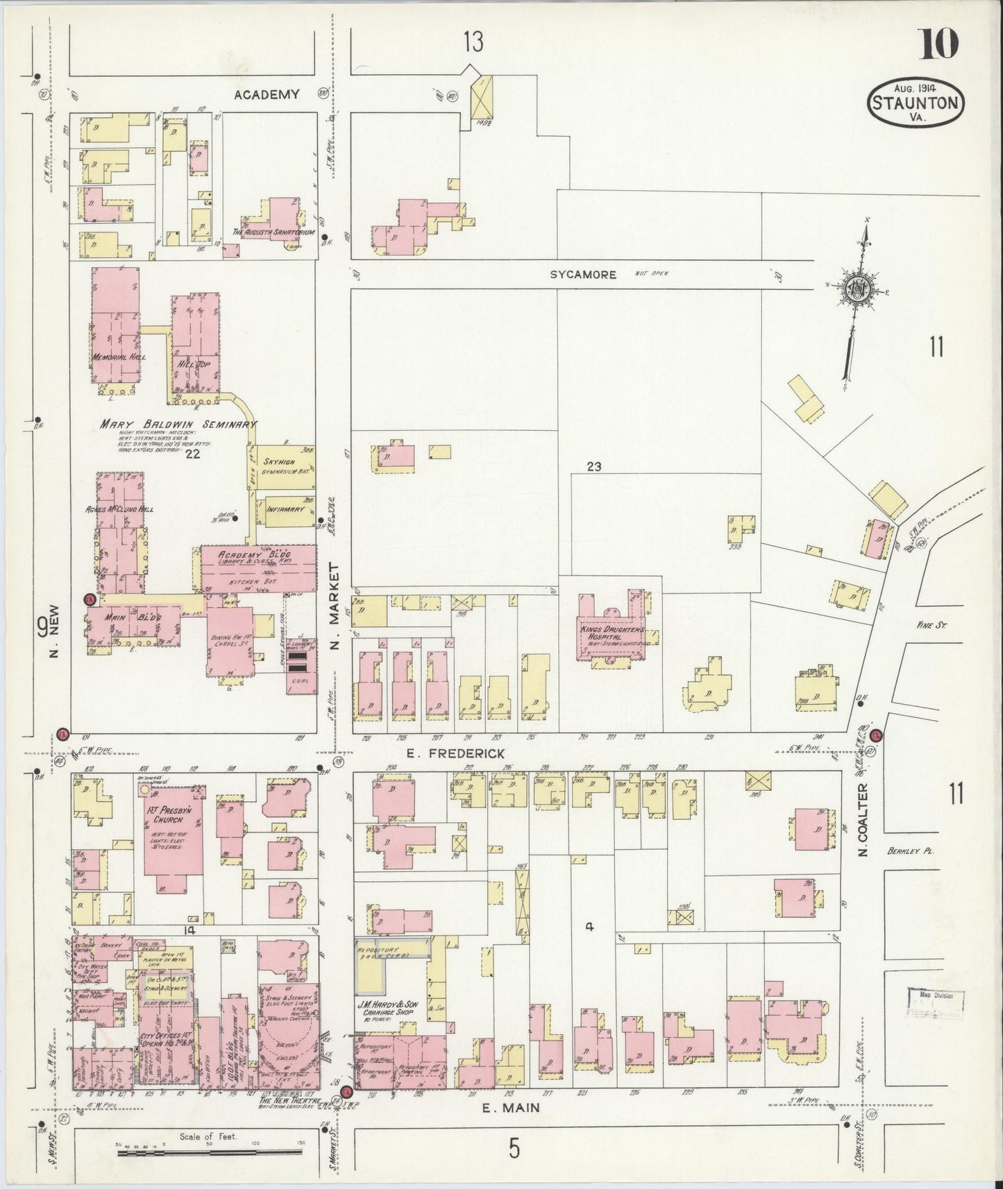 Sanborn Fire Insurance Map from Staunton, Independent Cities, Virginia (1914), Sheet #0010 - Historic Sanborn Fire Insurance Map Print, vintage old map wall art, antique decor, genealogy gift, Virginia Virginia map