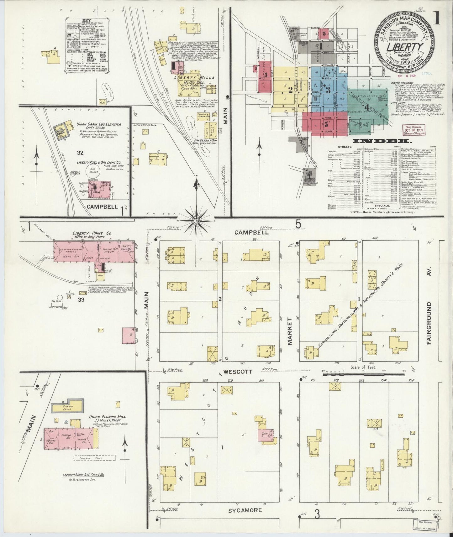 Sanborn Fire Insurance Map from Liberty, Union County, Indiana (1909), Sheet #0001 - Complete Map Set gallery image, historic Sanborn map, vintage wall art, Indiana Indiana