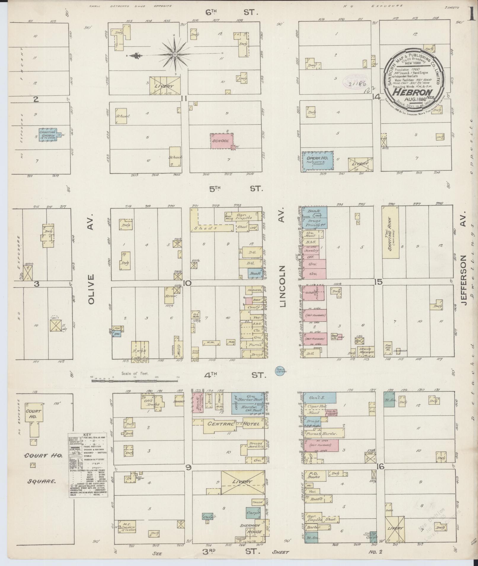 Sanborn Fire Insurance Map from Hebron, Thayer County, Nebraska (1886), Sheet #0001 - Historic Sanborn Fire Insurance Map Print, vintage old map wall art, antique decor, genealogy gift, Nebraska Nebraska map