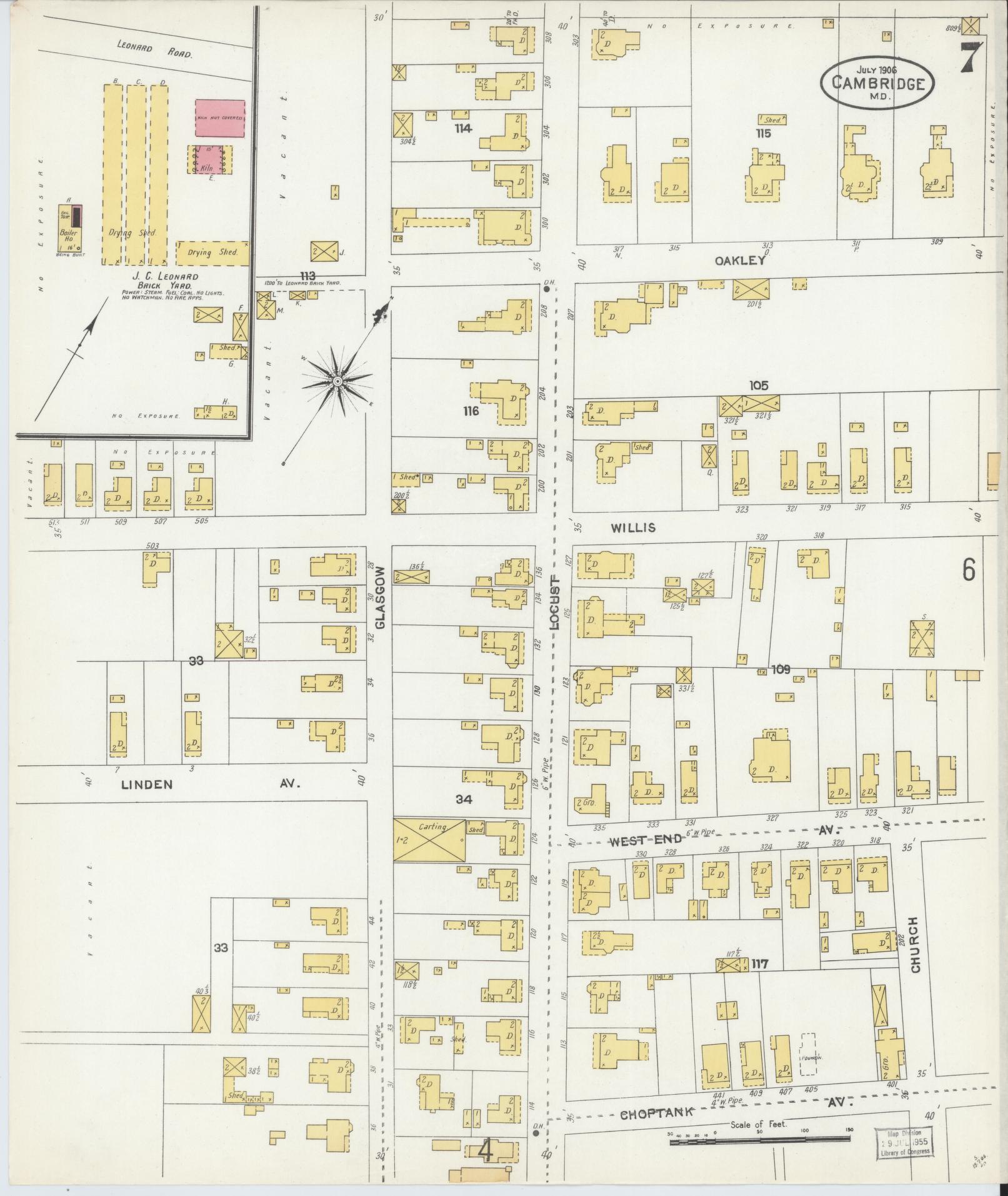 Dorchester, Maryland - 1906 - Sanborn Fire Insurance Map, Sheet #0007 - Historic Sanborn Fire Insurance Map Print, Dorchester Maryland 1906 0007 vintage old map wall art