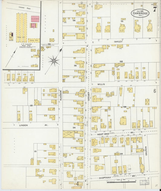 Dorchester, Maryland - 1906 - Sanborn Fire Insurance Map, Sheet #0007 - Historic Sanborn Fire Insurance Map Print, Dorchester Maryland 1906 0007 vintage old map wall art