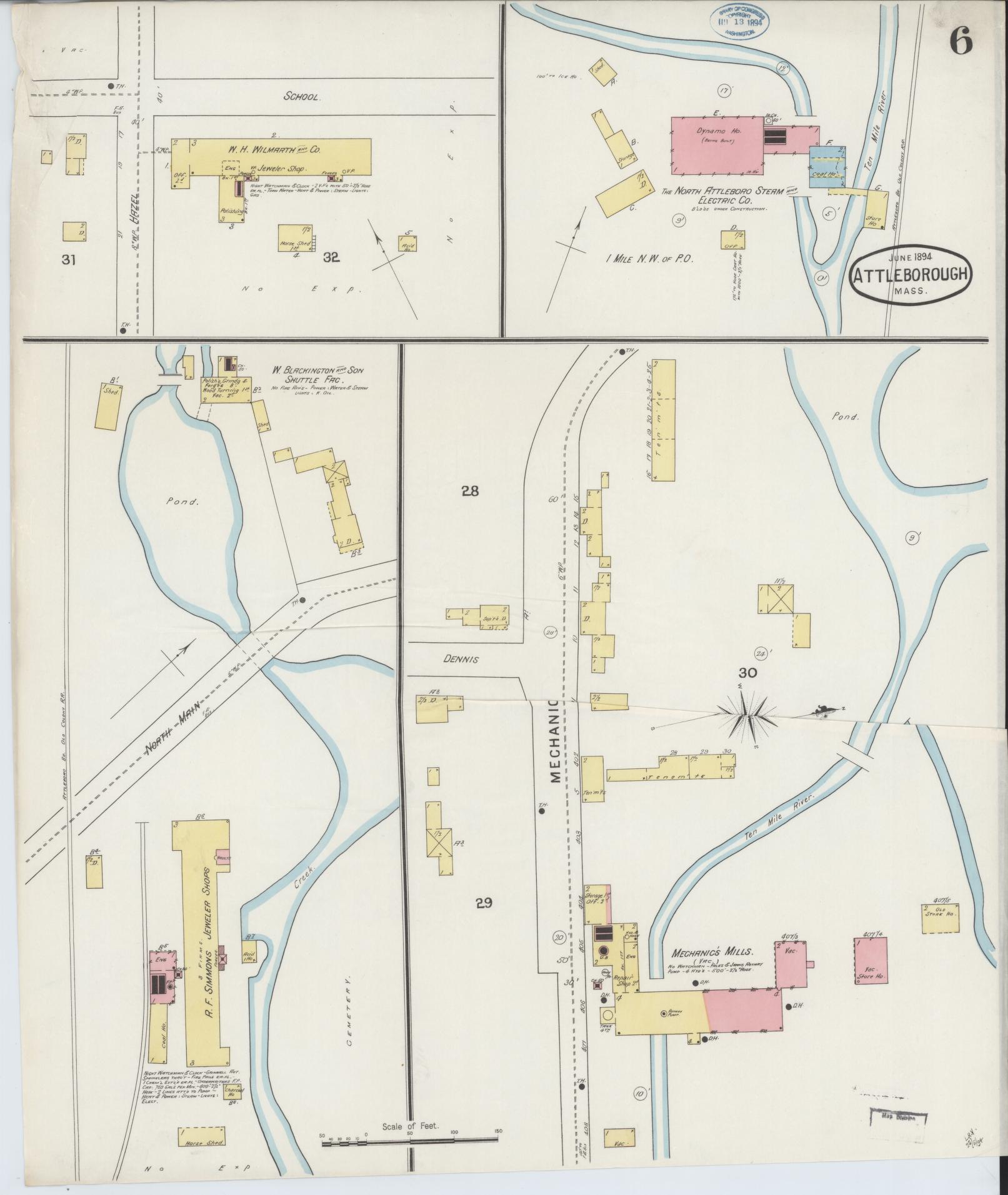 Sanborn Fire Insurance Map from Attleboro, Bristol County, Massachusetts (1894), Sheet #0006 - Complete Map Set gallery image, historic Sanborn map, vintage wall art, Massachusetts Massachusetts