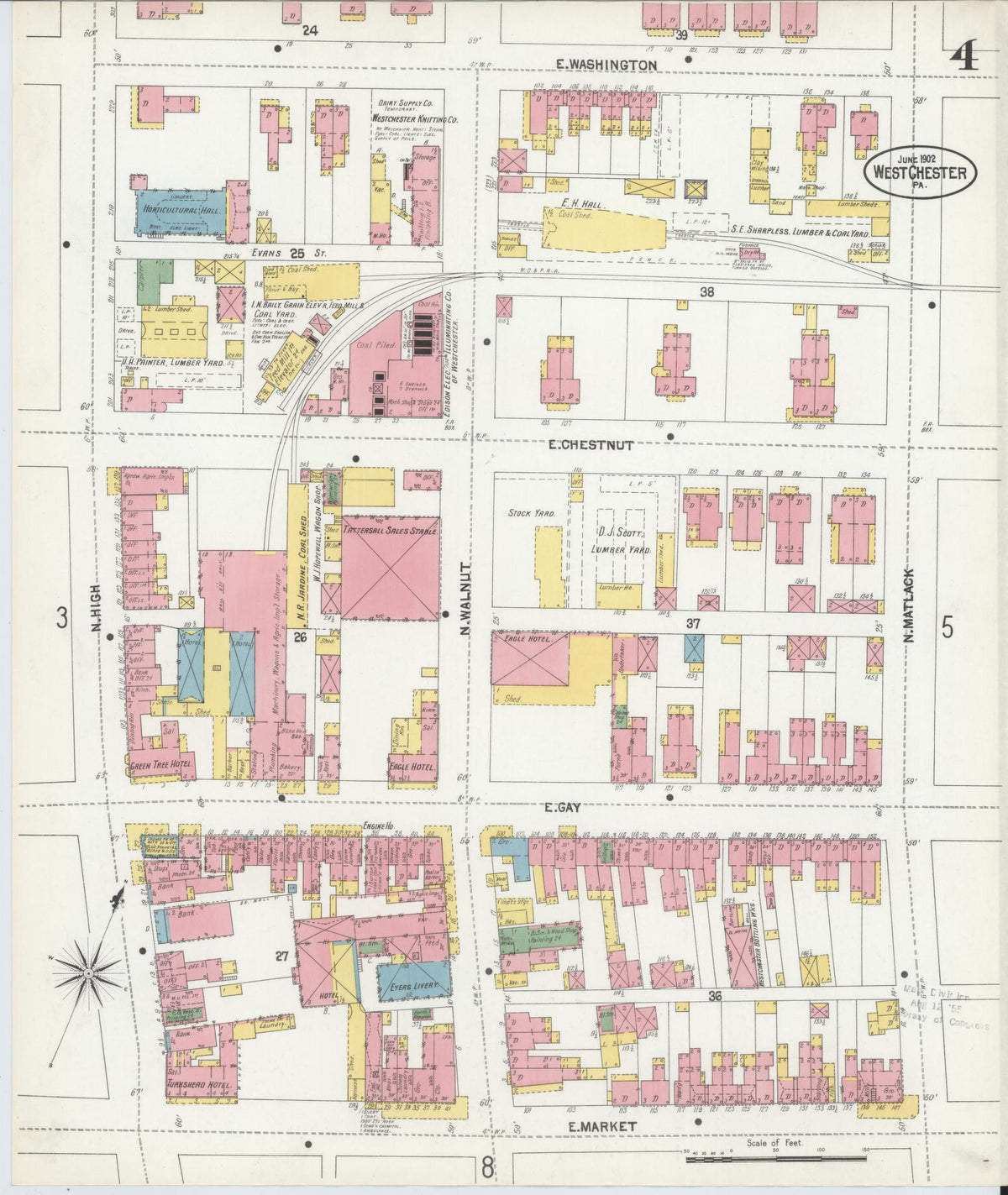 Sanborn Fire Insurance Map from West Chester, Chester County, Pennsylvania (1902), Sheet #0004 - Historic Sanborn Fire Insurance Map Print, vintage old map wall art, antique decor, genealogy gift, Pennsylvania Pennsylvania map