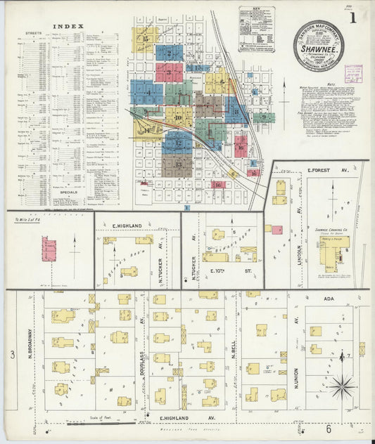 Sanborn Fire Insurance Map from Shawnee, Pottawatomie County, Oklahoma (1907), Sheet #0001 - Historic Sanborn Fire Insurance Map Print, vintage old map wall art, antique decor, genealogy gift, Oklahoma Oklahoma map