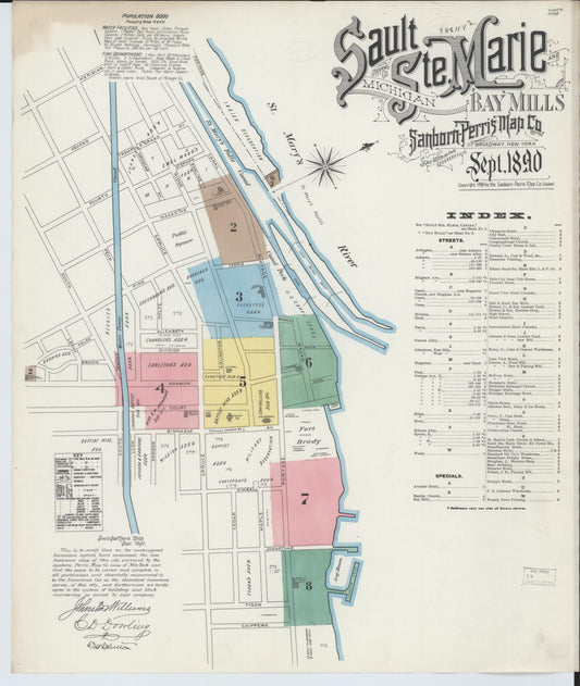 Sanborn Fire Insurance Map from Sault Sainte Marie, Chippewa County, Michigan (1890), Sheet #0001 - Historic Sanborn Fire Insurance Map Print, vintage old map wall art, antique decor, genealogy gift, Michigan Michigan map