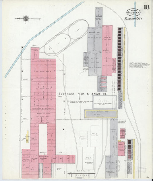 Sanborn Fire Insurance Map from Gadsden, Etowah County, Alabama (1910), Sheet #0018 - Historic Sanborn Fire Insurance Map Print, vintage old map wall art, antique decor, genealogy gift, Alabama Alabama map
