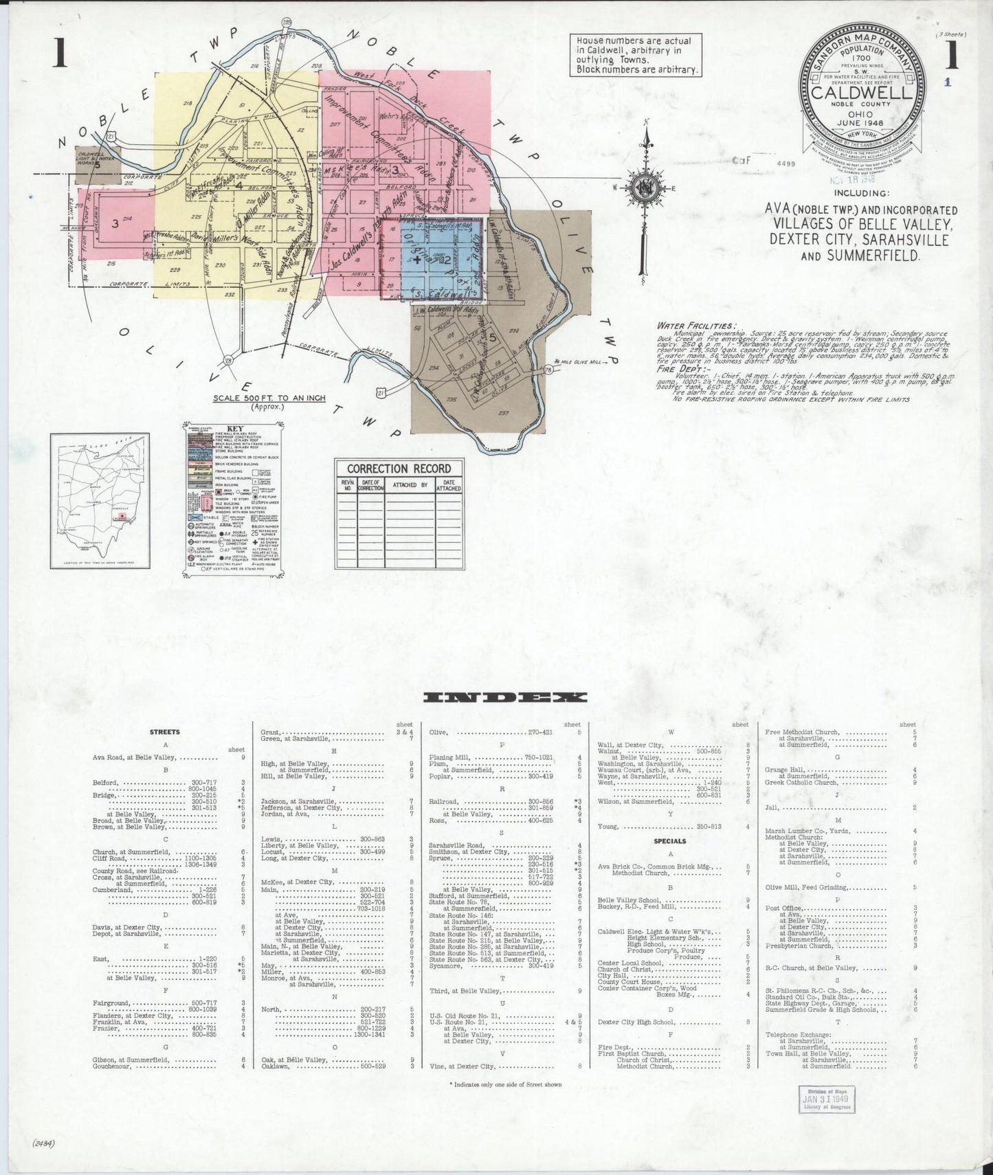 Sanborn Fire Insurance Map from Caldwell, Noble County, Ohio (1948), Sheet #0001 - Historic Sanborn Fire Insurance Map Print, vintage old map wall art, antique decor, genealogy gift, Ohio Ohio map
