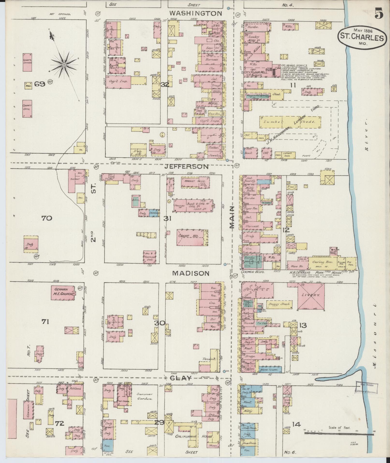 Sanborn Fire Insurance Map from Saint Charles, Saint Charles County, Missouri (1886), Sheet #0005 - Historic Sanborn Fire Insurance Map Print, vintage old map wall art, antique decor, genealogy gift, Missouri Missouri map