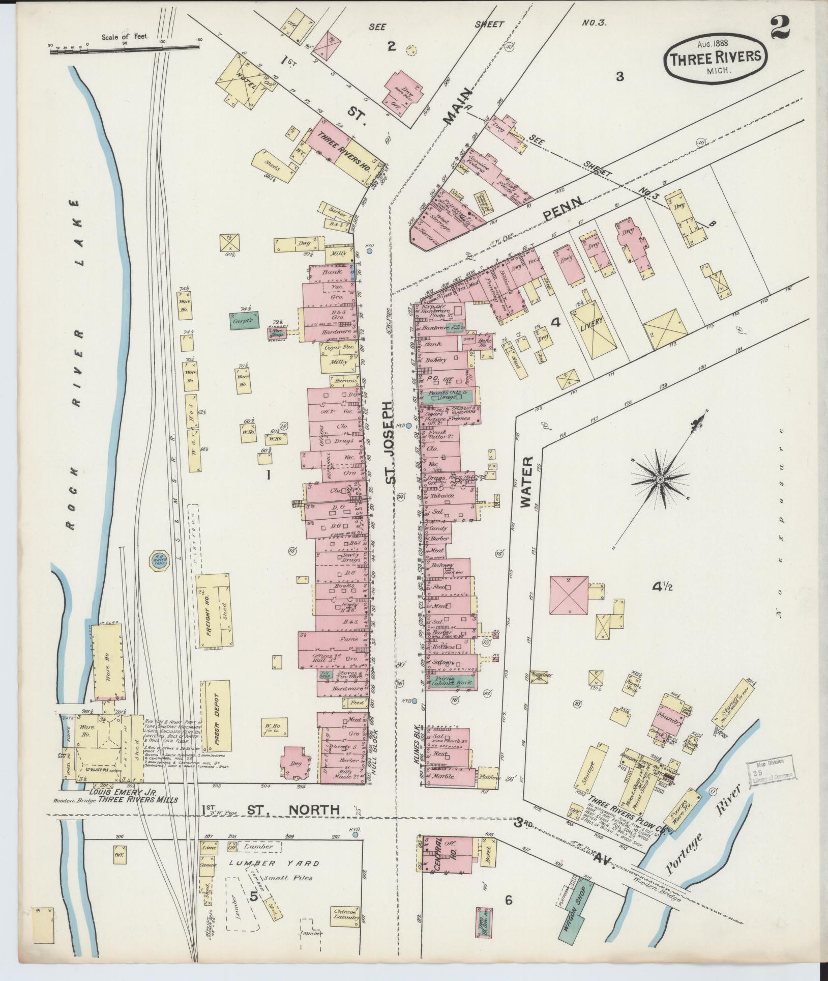 Sanborn Fire Insurance Map from Three Rivers, Saint Joseph County, Michigan (1888), Sheet #0002 - Complete Map Set gallery image, historic Sanborn map, vintage wall art, Michigan Michigan