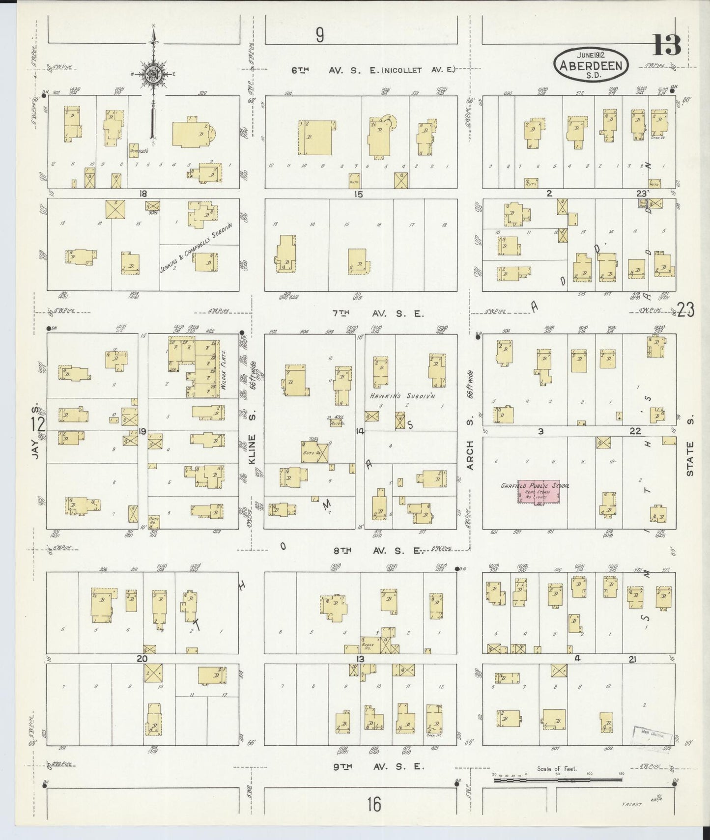 Sanborn Fire Insurance Map from Aberdeen, Brown County, South Dakota (1912), Sheet #0013 - Complete Map Set gallery image, historic Sanborn map, vintage wall art, South Dakota South Dakota
