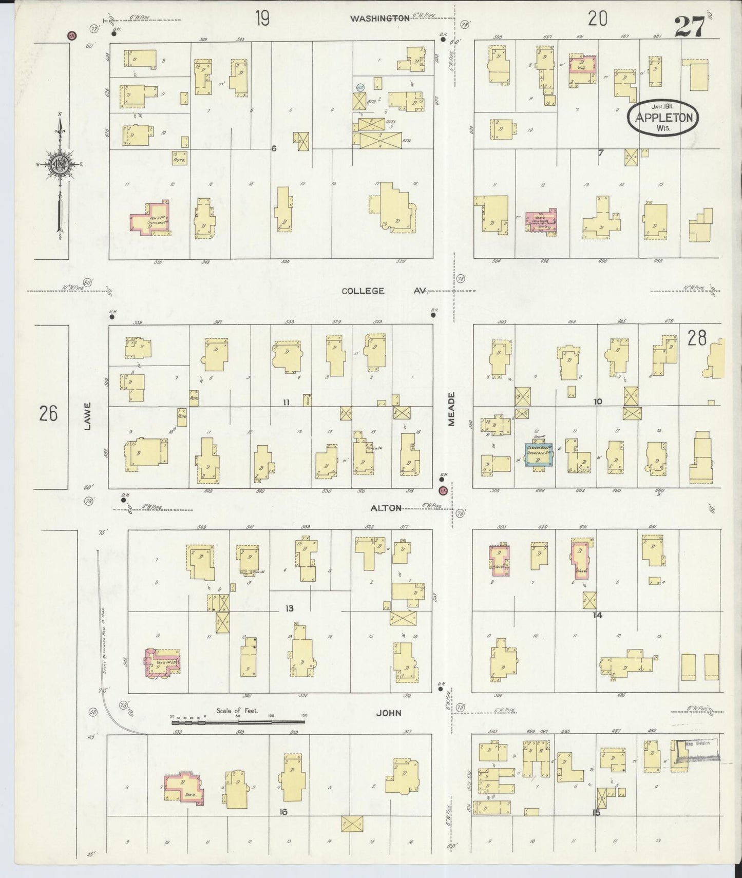 Sanborn Fire Insurance Map from Appleton, Outagamie County, Wisconsin (1911), Sheet #0027 - Complete Map Set gallery image, historic Sanborn map, vintage wall art, Wisconsin Wisconsin