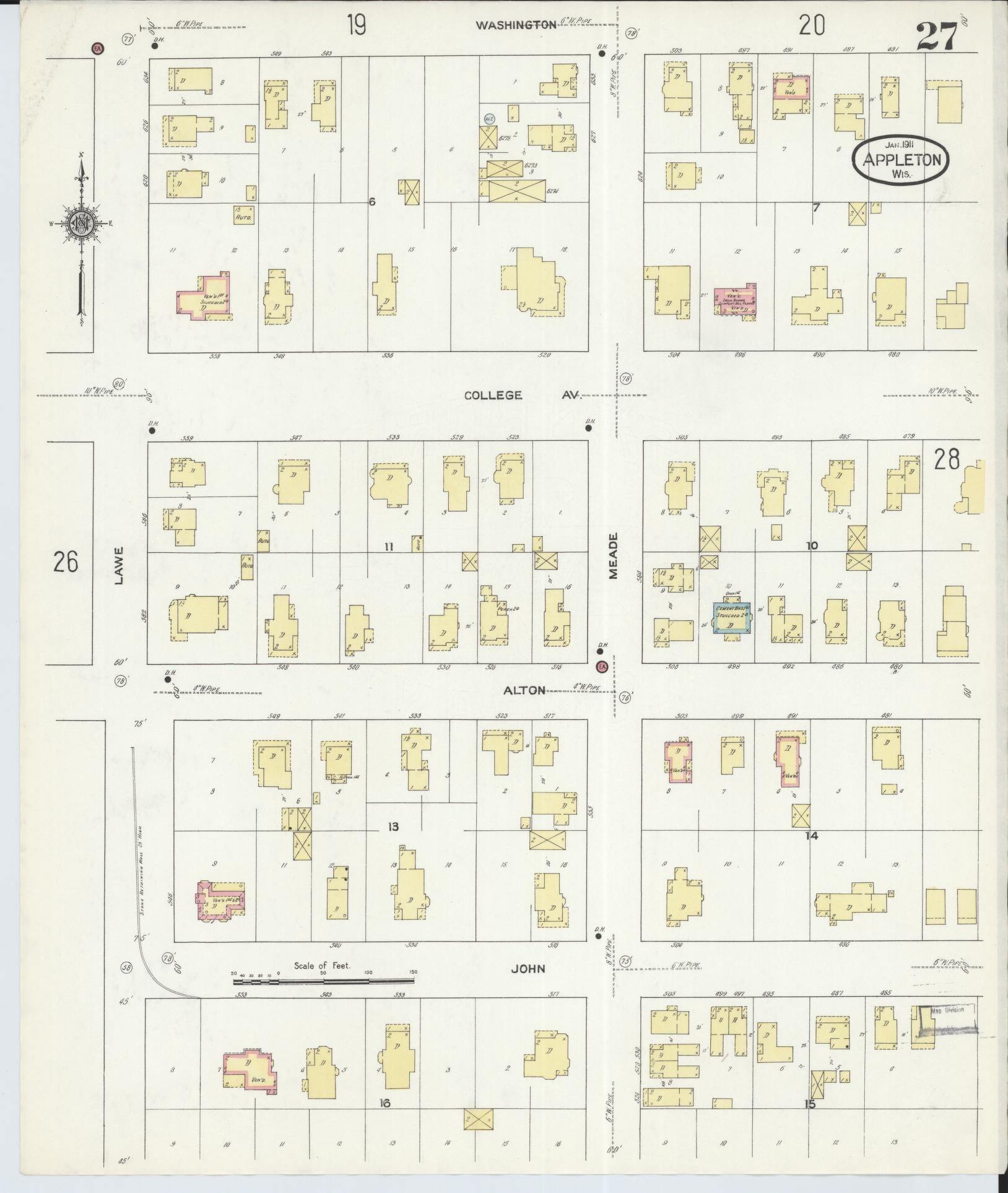 Sanborn Fire Insurance Map from Appleton, Outagamie County, Wisconsin (1911), Sheet #0027 - Complete Map Set gallery image, historic Sanborn map, vintage wall art, Wisconsin Wisconsin