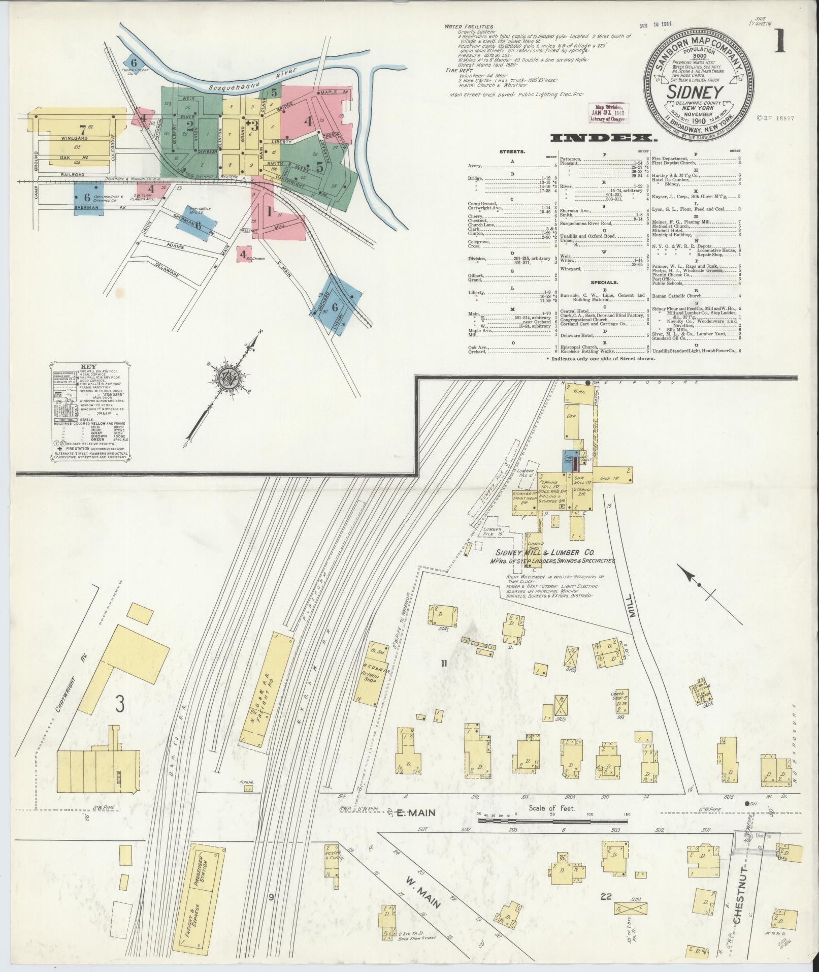 Sanborn Fire Insurance Map from Sidney, Delaware County, New York (1910), Sheet #0001 - Complete Map Set gallery image, historic Sanborn map, vintage wall art, New York New York