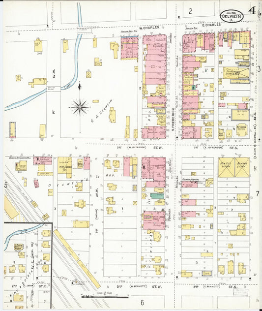 Sanborn Fire Insurance Map from Oelwein, Fayette County, Iowa (1906), Sheet #0004 - Historic Sanborn Fire Insurance Map Print, vintage old map wall art