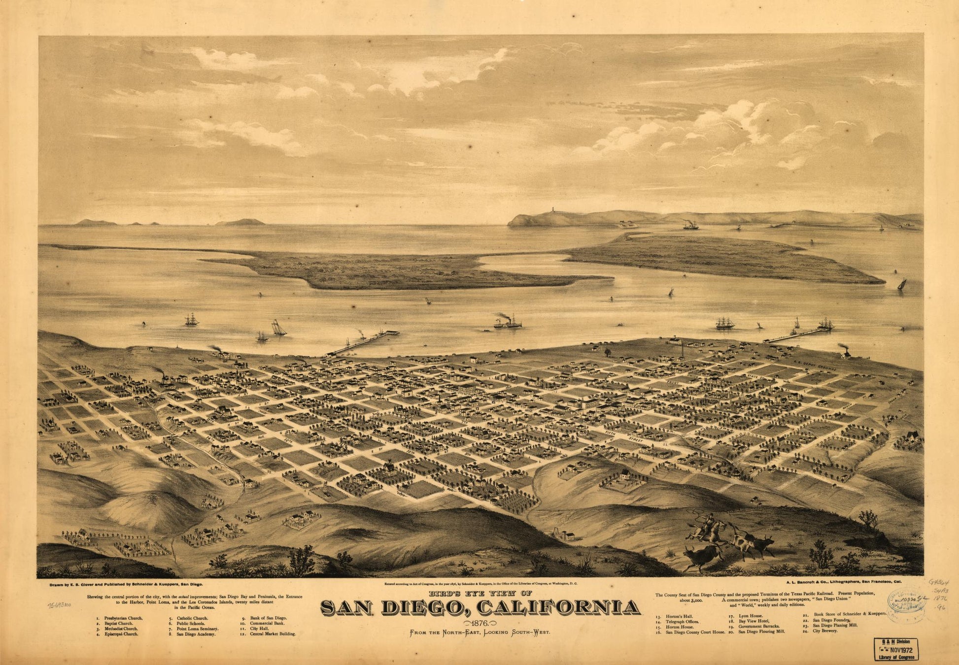 Bird's eye view of San Diego, California 1876. (1876) – Historic Bird’s-Eye View Panorama Print