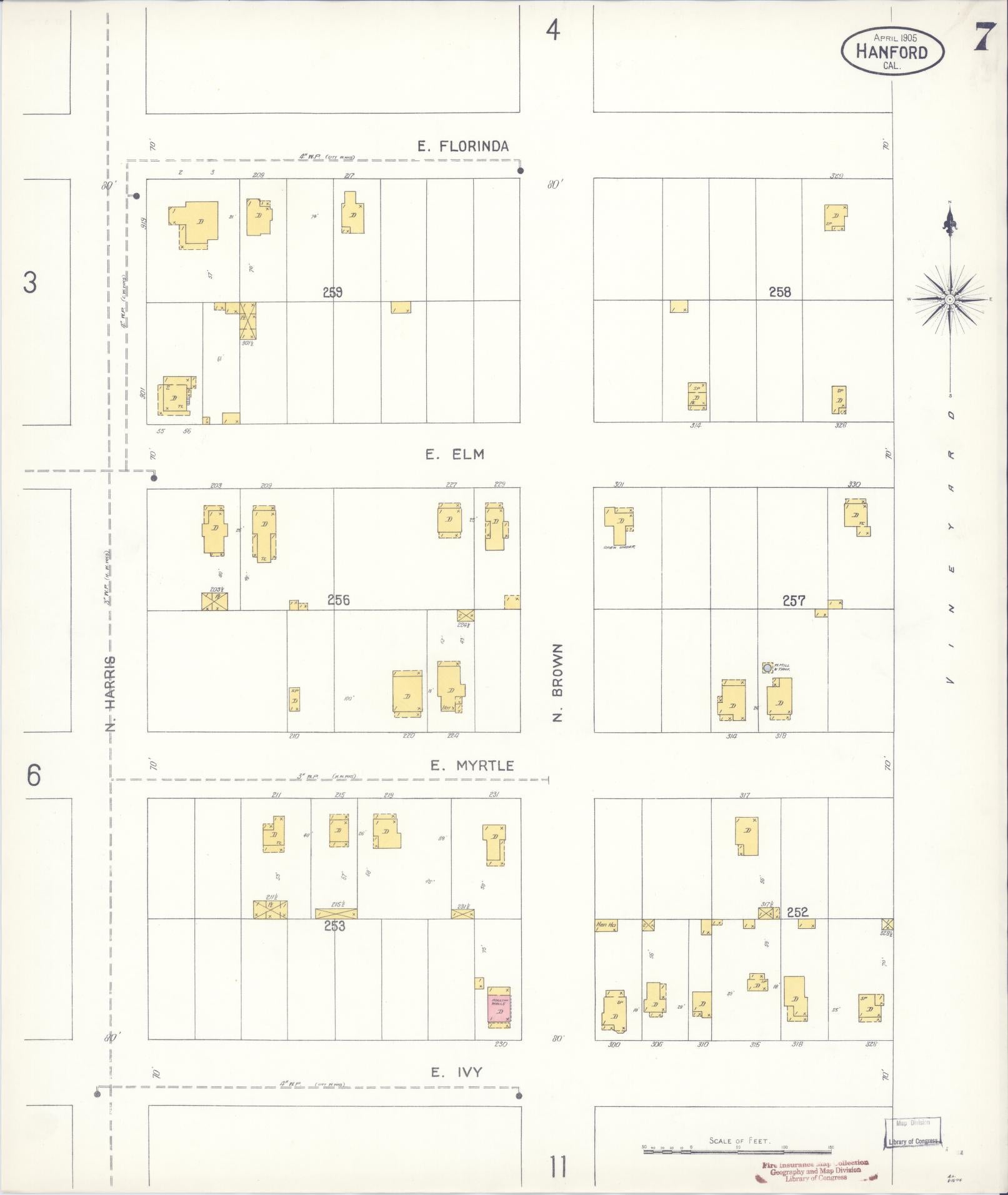 Sanborn Fire Insurance Map from Hanford, Kings County, California (1905), Sheet #0007 - Historic Sanborn Fire Insurance Map Print, vintage old map wall art, antique decor, genealogy gift, California California map