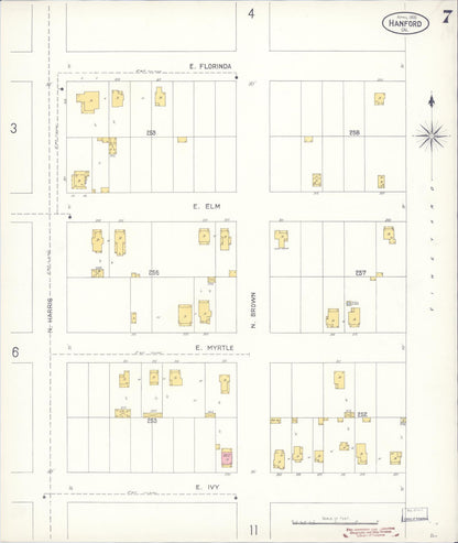 Sanborn Fire Insurance Map from Hanford, Kings County, California (1905), Sheet #0007 - Historic Sanborn Fire Insurance Map Print, vintage old map wall art, antique decor, genealogy gift, California California map