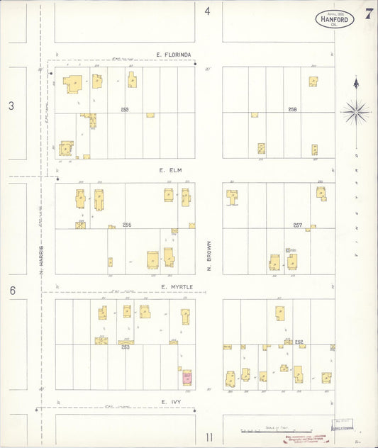 Sanborn Fire Insurance Map from Hanford, Kings County, California (1905), Sheet #0007 - Historic Sanborn Fire Insurance Map Print, vintage old map wall art, antique decor, genealogy gift, California California map