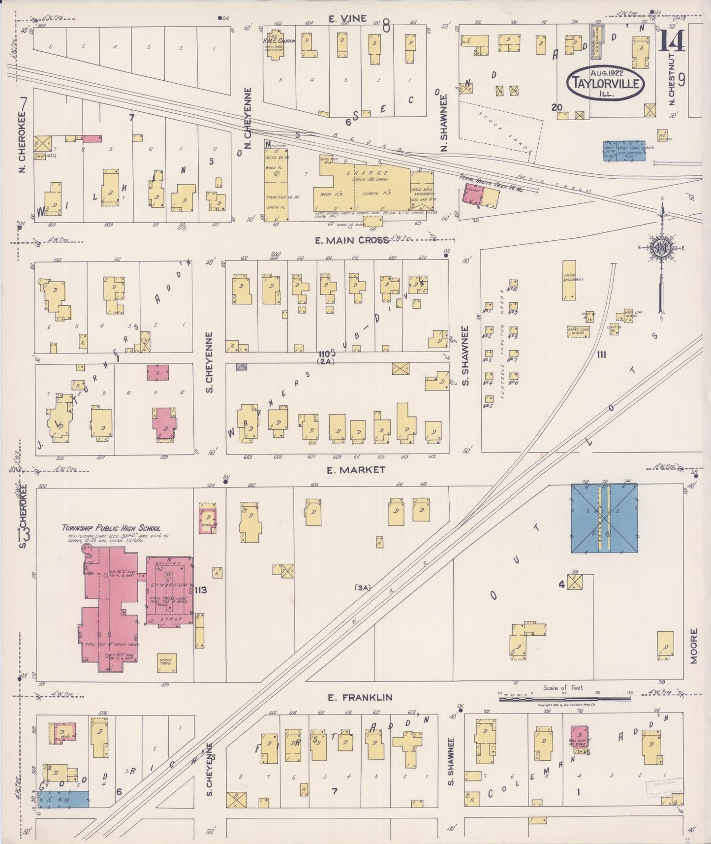 Sanborn Fire Insurance Map from Taylorville, Christian County, Illinois (1922), Sheet #0014 - Historic Sanborn Fire Insurance Map Print, vintage old map wall art, antique decor, genealogy gift, Illinois Illinois map