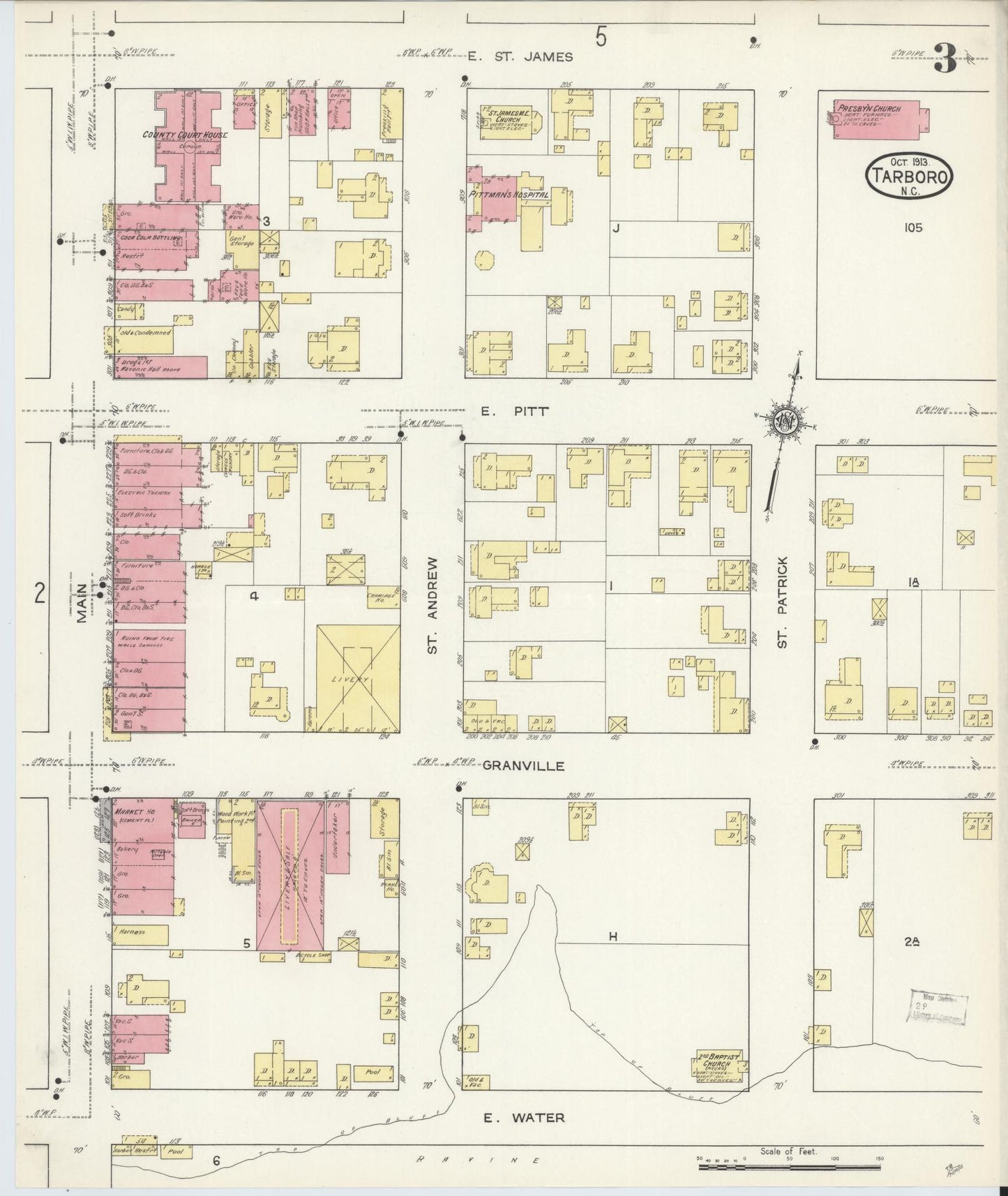 Sanborn Fire Insurance Map from Tarboro, Edgecombe County, North Carolina (1913), Sheet #0003 - Complete Map Set gallery image, historic Sanborn map, vintage wall art, North Carolina North Carolina
