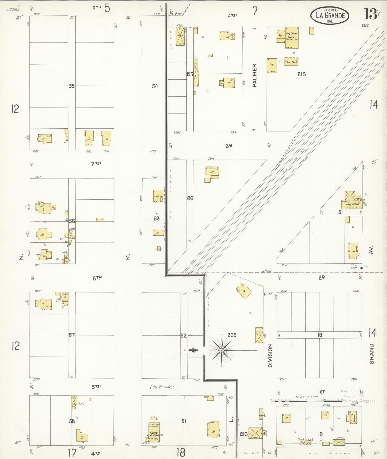 Sanborn Fire Insurance Map from La Grande, Union County, Oregon (1903), Sheet #0013 - Historic Sanborn Fire Insurance Map Print, vintage old map wall art, antique decor, genealogy gift, Oregon Oregon map