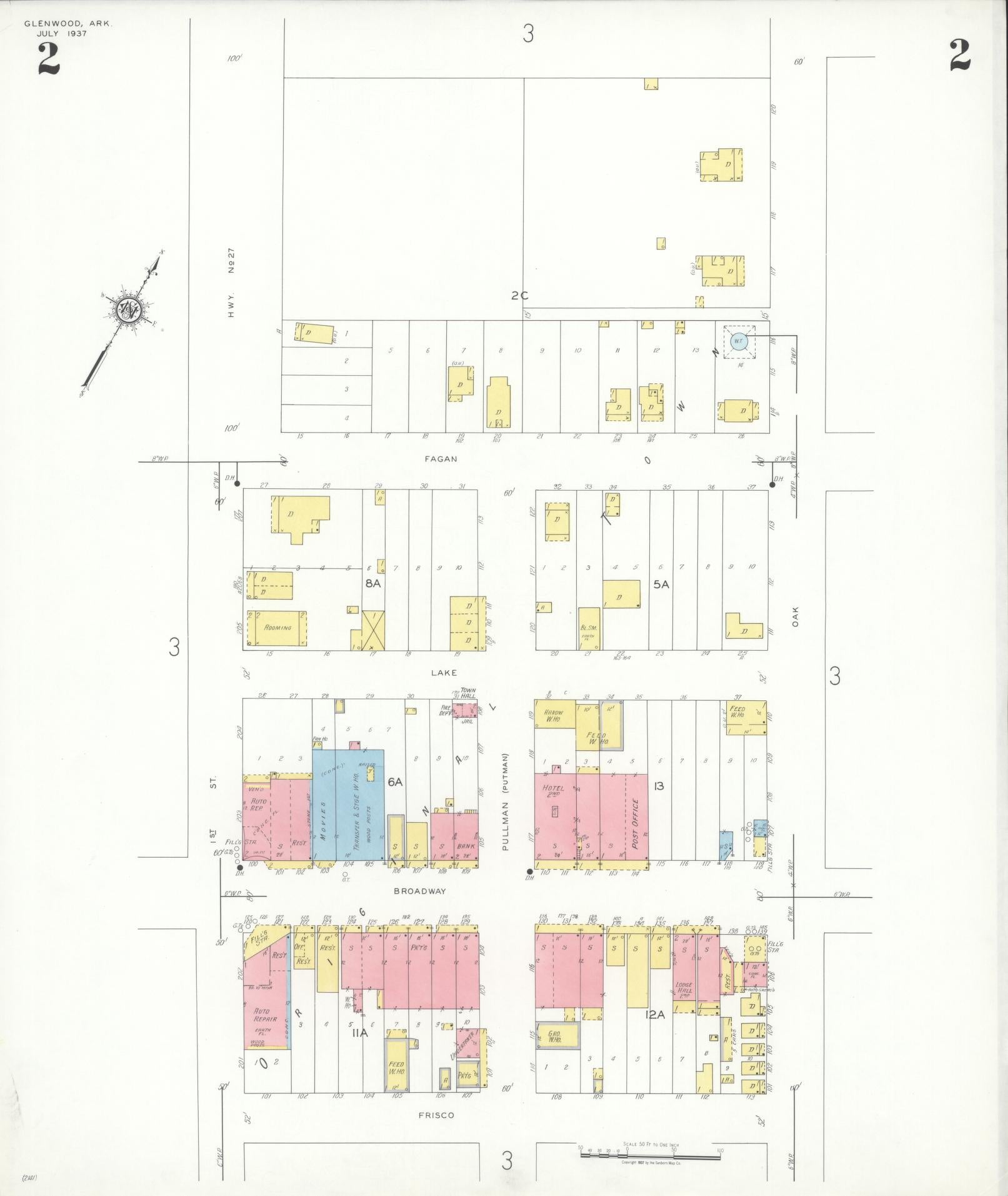 Sanborn Fire Insurance Map from Glenwood, Pike County, Arkansas (1937), Sheet #0002 - Complete Map Set gallery image, historic Sanborn map, vintage wall art, Arkansas Arkansas