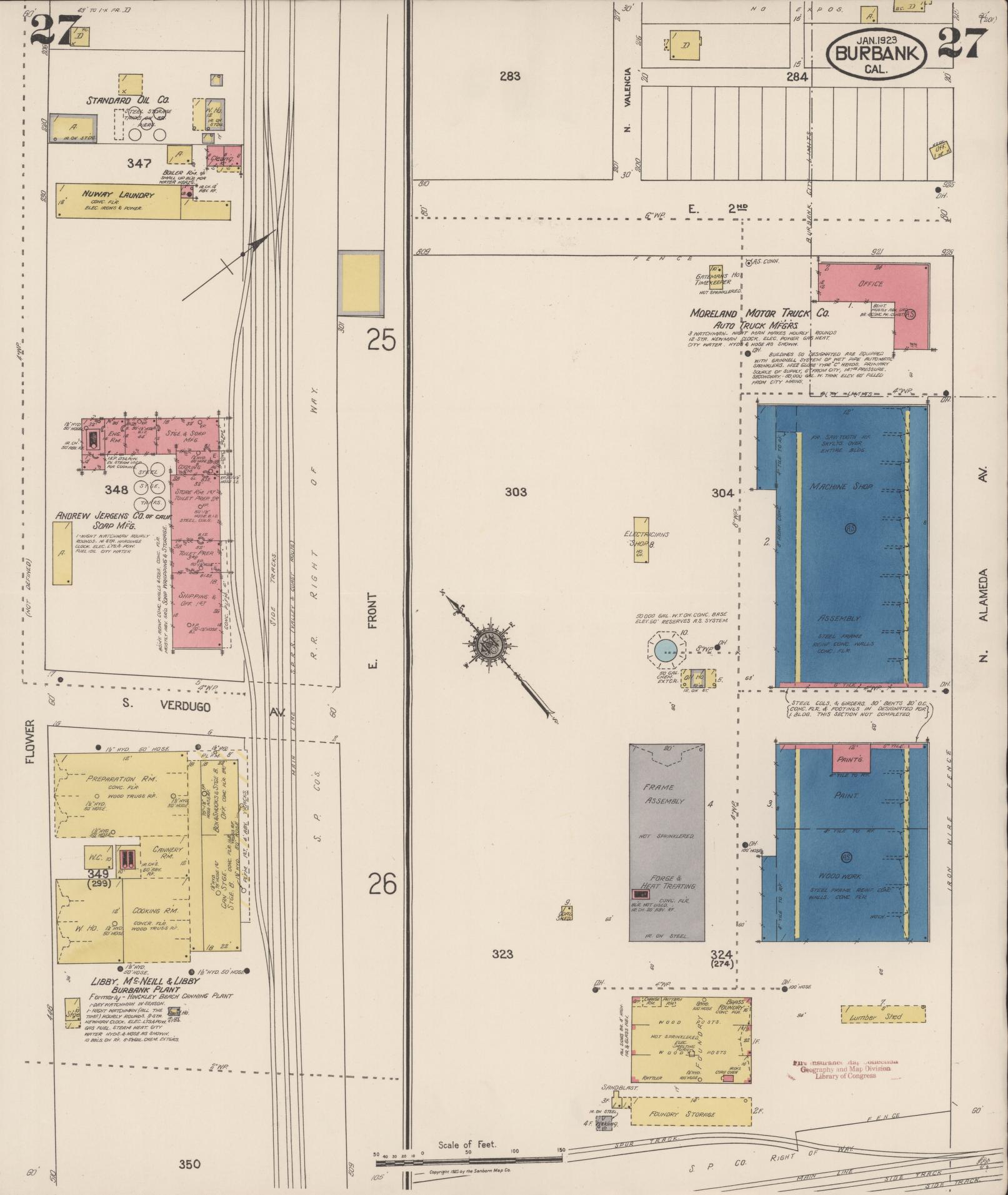 Sanborn Fire Insurance Map from Burbank, Los Angeles County, California (1923), Sheet #0027 - Complete Map Set gallery image, historic Sanborn map, vintage wall art, California California