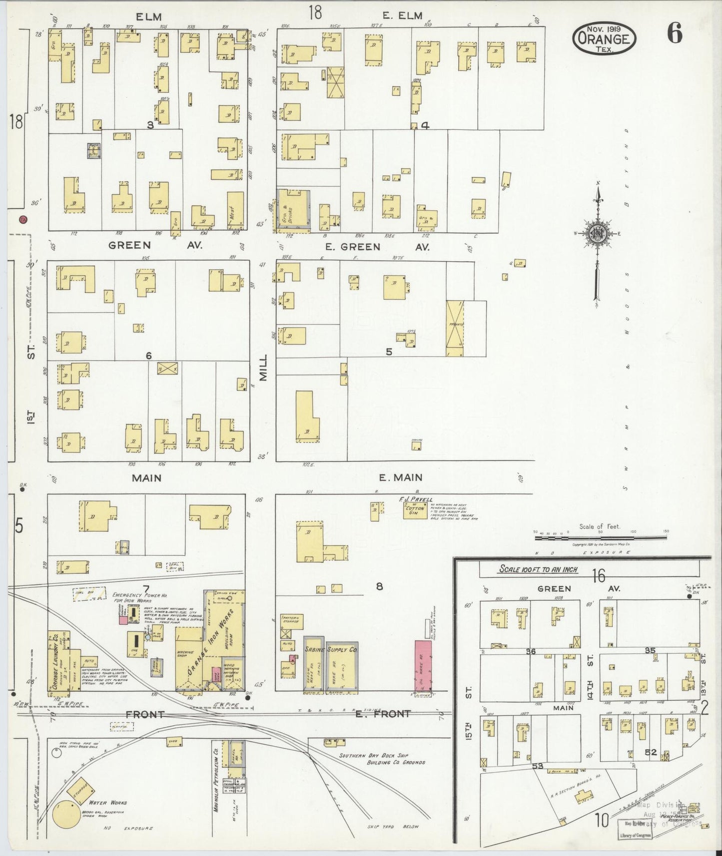 Sanborn Fire Insurance Map from Orange, Orange County, Texas (1919), Sheet #0006 - Historic Sanborn Fire Insurance Map Print, vintage old map wall art, antique decor, genealogy gift, Texas Texas map
