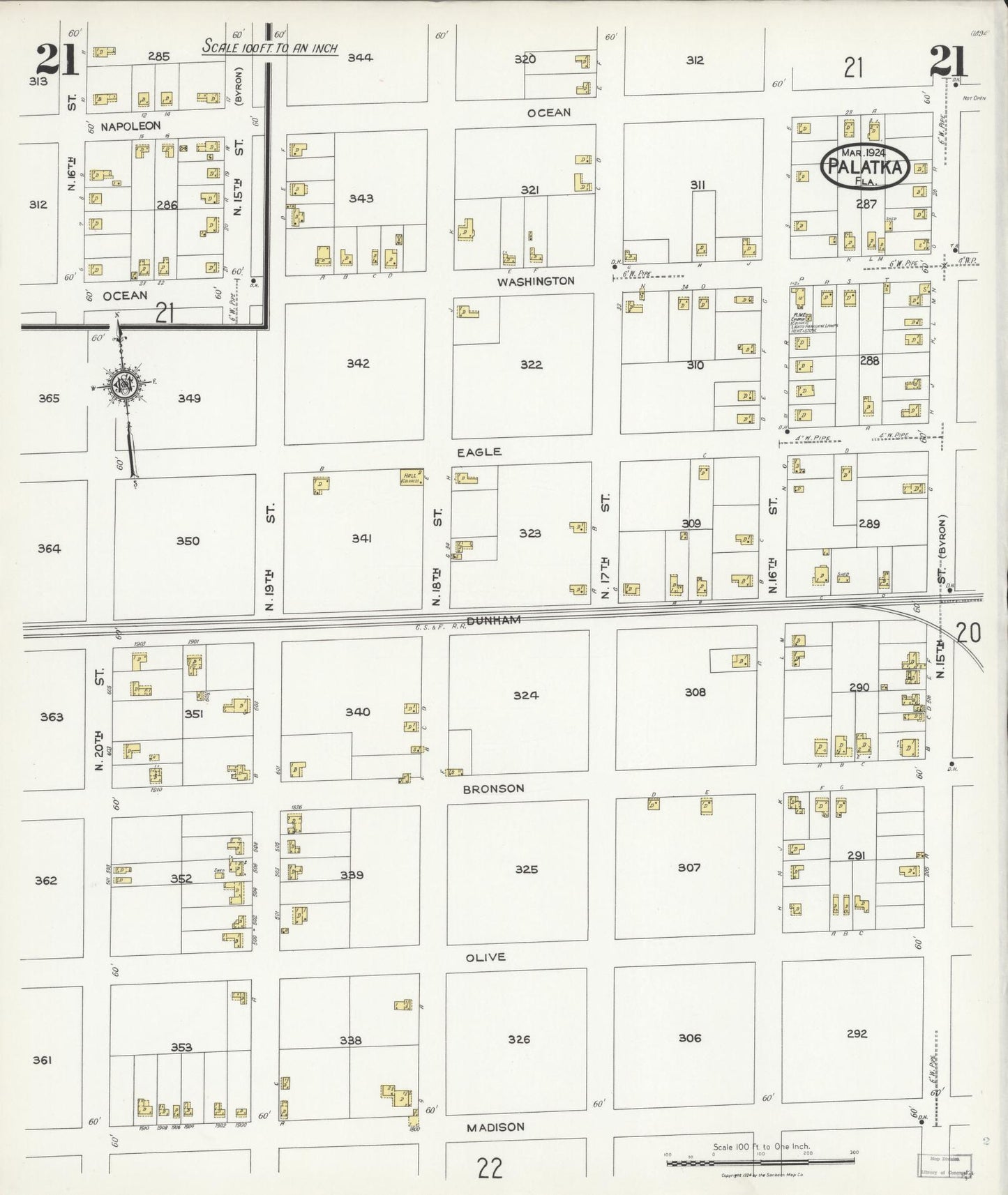 Sanborn Fire Insurance Map from Palatka, Putnam County, Florida (1924), Sheet #0021 - Complete Map Set gallery image, historic Sanborn map, vintage wall art, Florida Florida