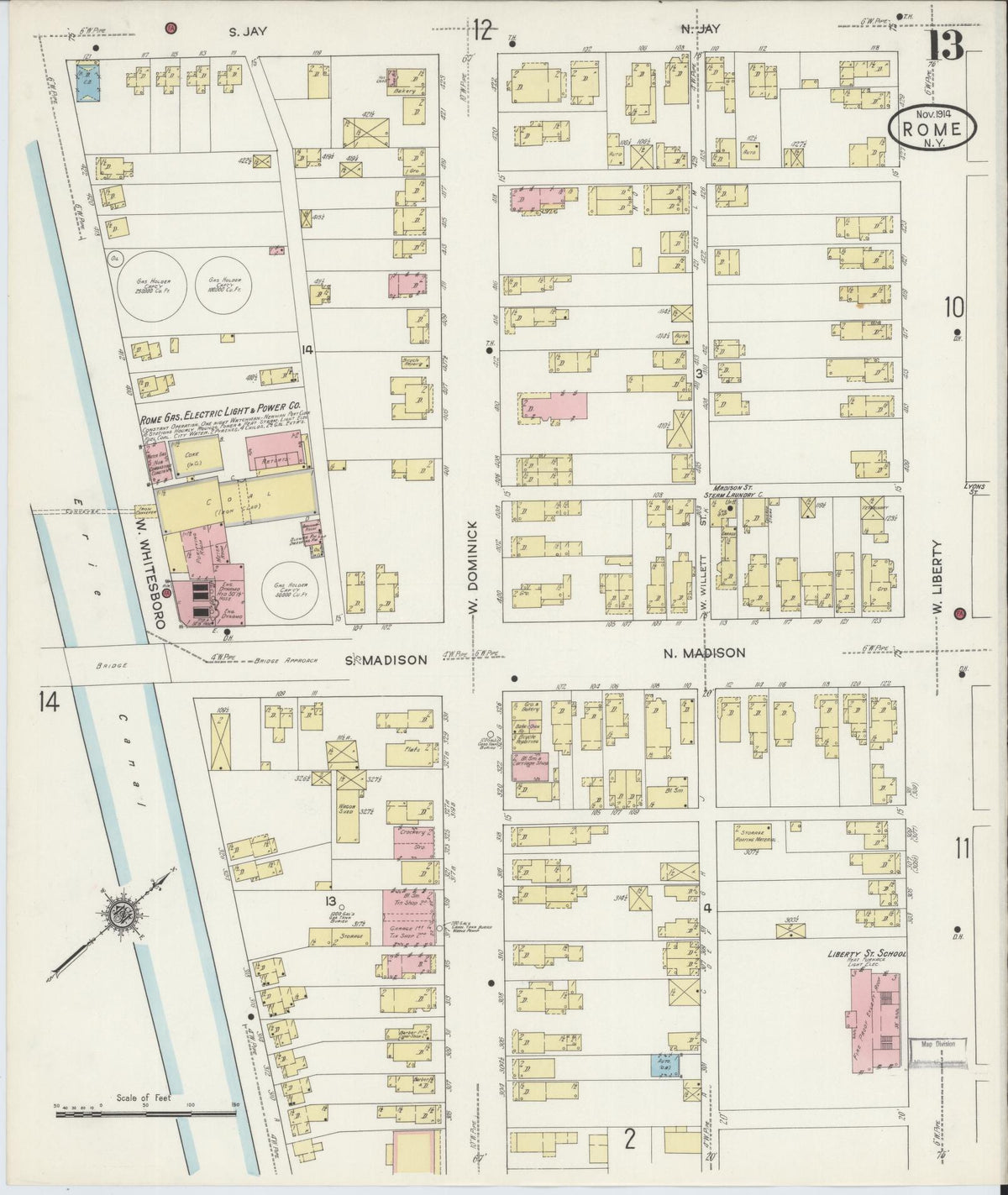 Sanborn Fire Insurance Map from Rome, Oneida County, New York (1914), Sheet #0013 - Historic Sanborn Fire Insurance Map Print, vintage old map wall art, antique decor, genealogy gift, New York New York map