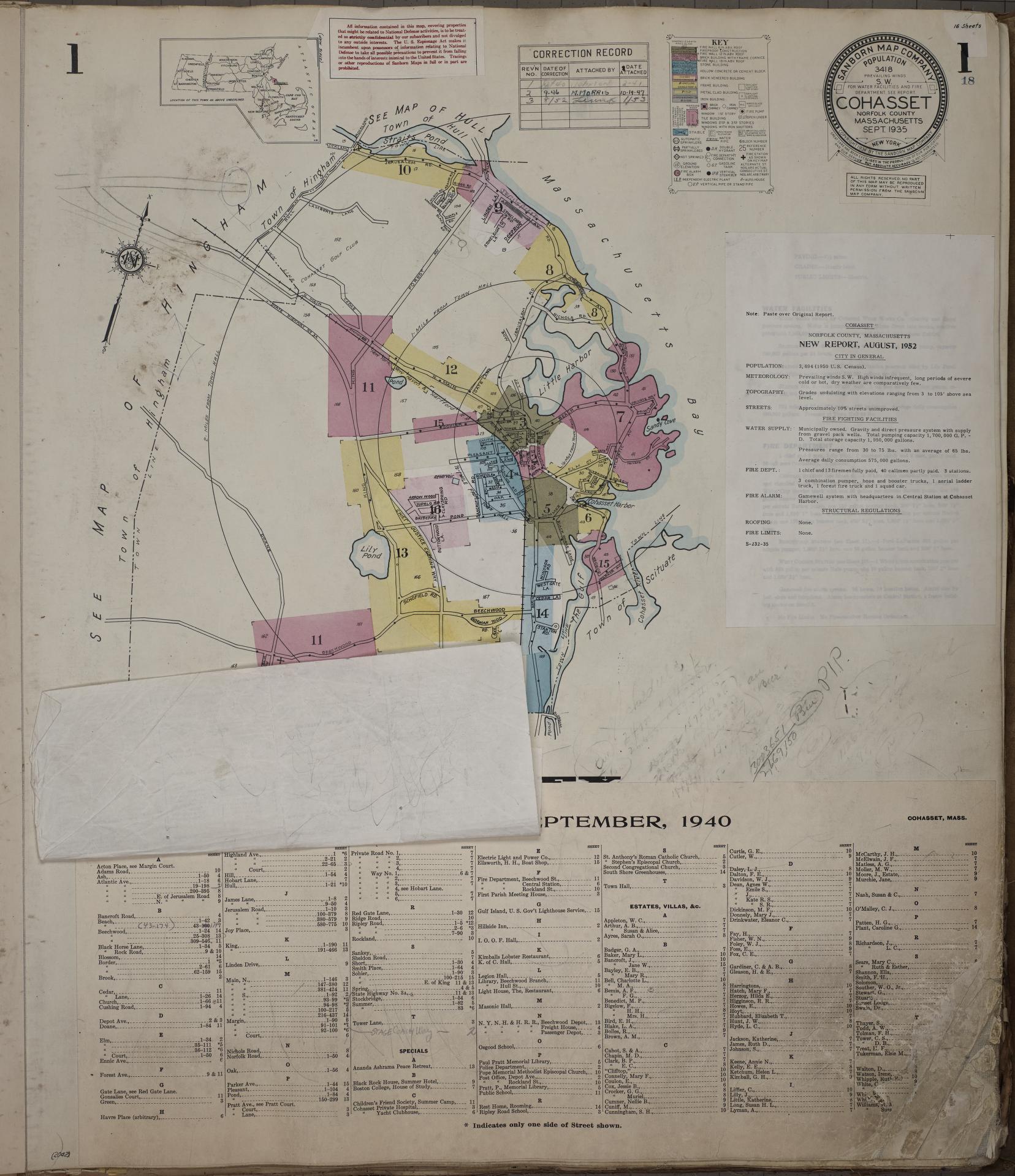Sanborn Fire Insurance Map from Cohasset, Norfolk County, Massachusetts (1952), Sheet #0001 - Complete Map Set gallery image, historic Sanborn map, vintage wall art, Massachusetts Massachusetts