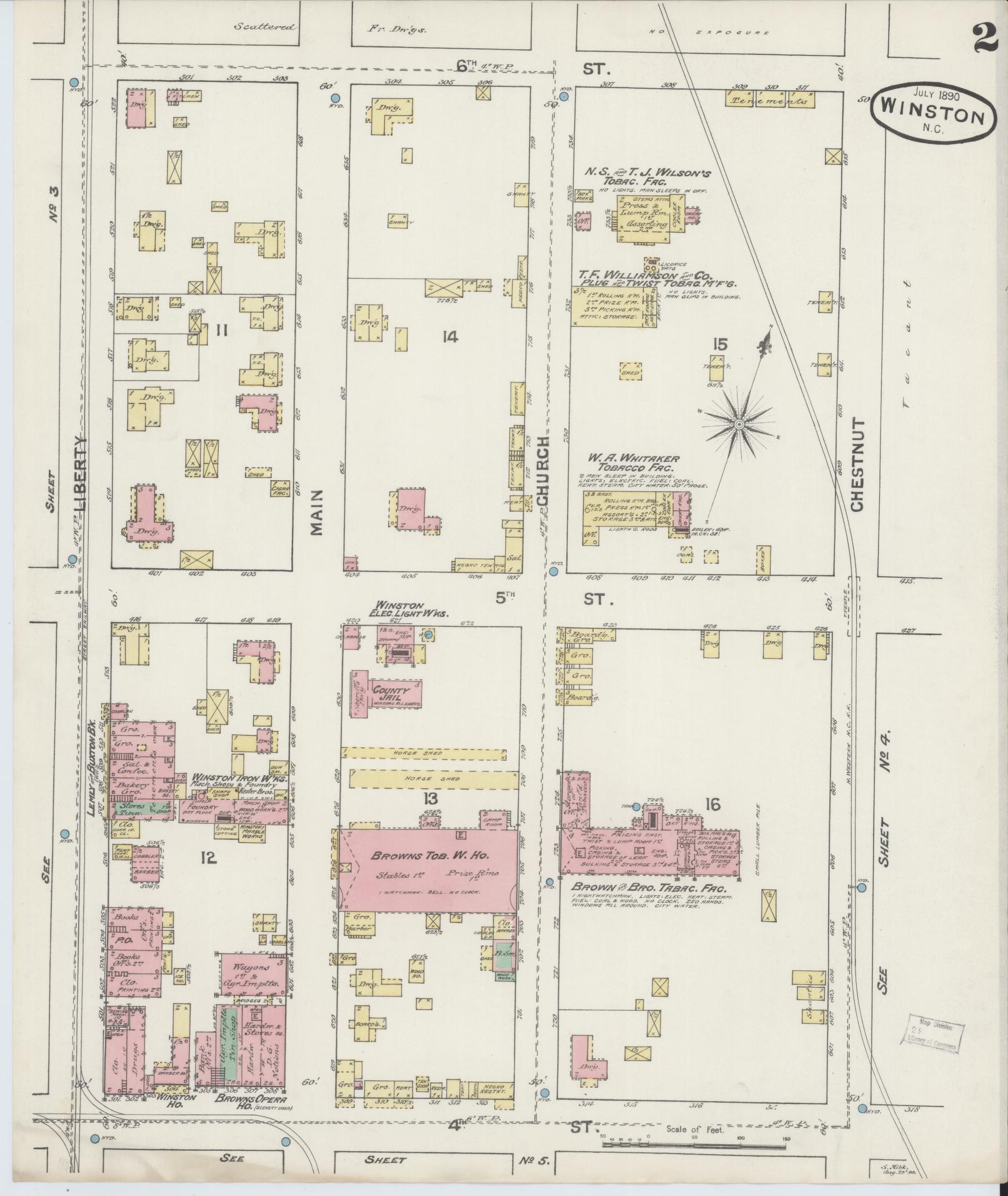 Sanborn Fire Insurance Map from Winston-Salem, Forsyth County, North Carolina (1890), Sheet #0002 - Historic Sanborn Fire Insurance Map Print, vintage old map wall art, antique decor, genealogy gift, North Carolina North Carolina map