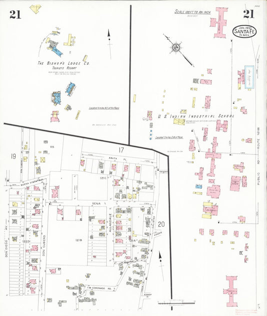 Sanborn Fire Insurance Map from Santa Fe, Santa Fe County, New Mexico (1930), Sheet #0021 - Historic Sanborn Fire Insurance Map Print, vintage old map wall art, antique decor, genealogy gift, New Mexico New Mexico map