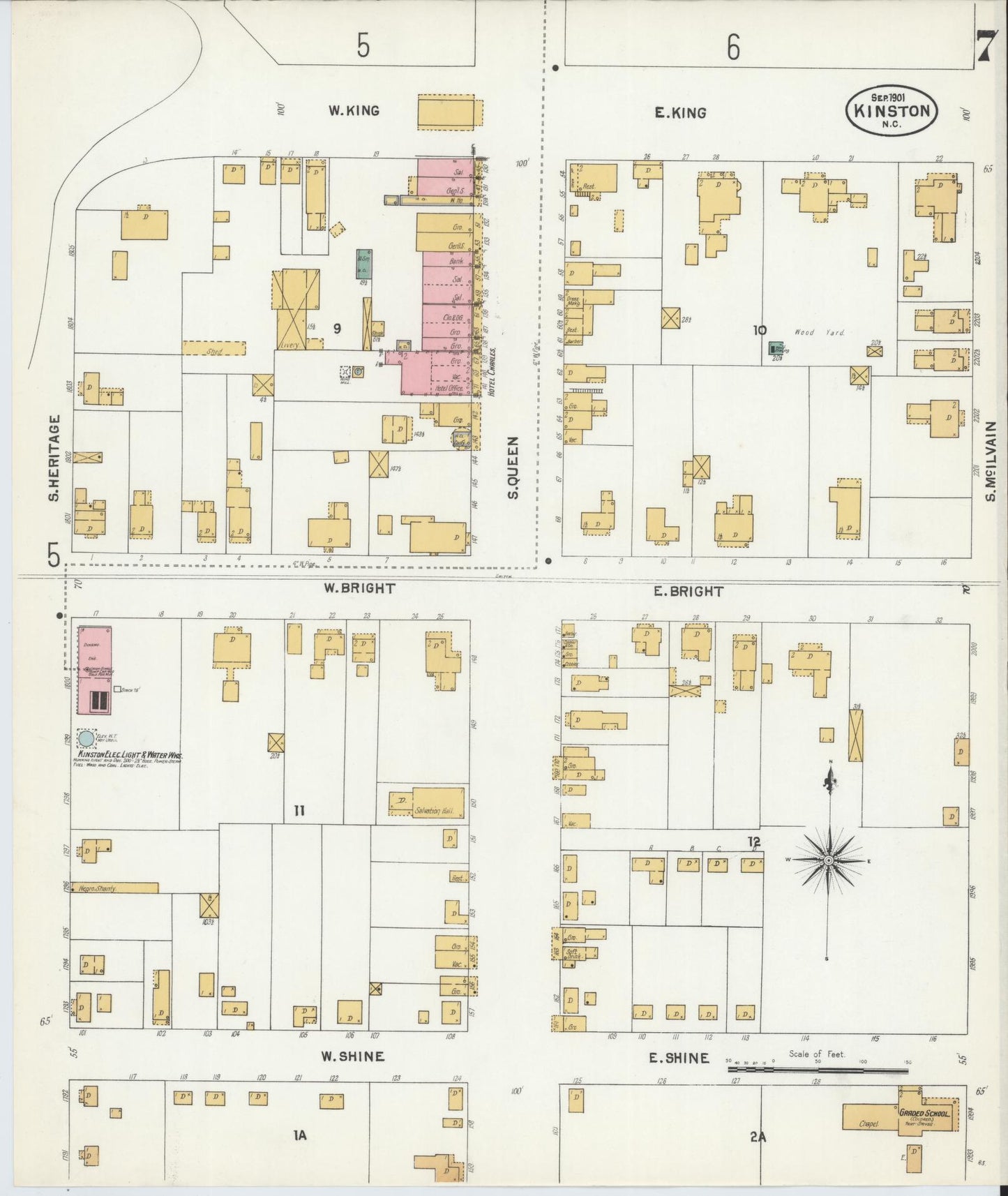 Sanborn Fire Insurance Map from Kinston, Lenoir County, North Carolina (1901), Sheet #0007 - Complete Map Set gallery image, historic Sanborn map, vintage wall art, North Carolina North Carolina